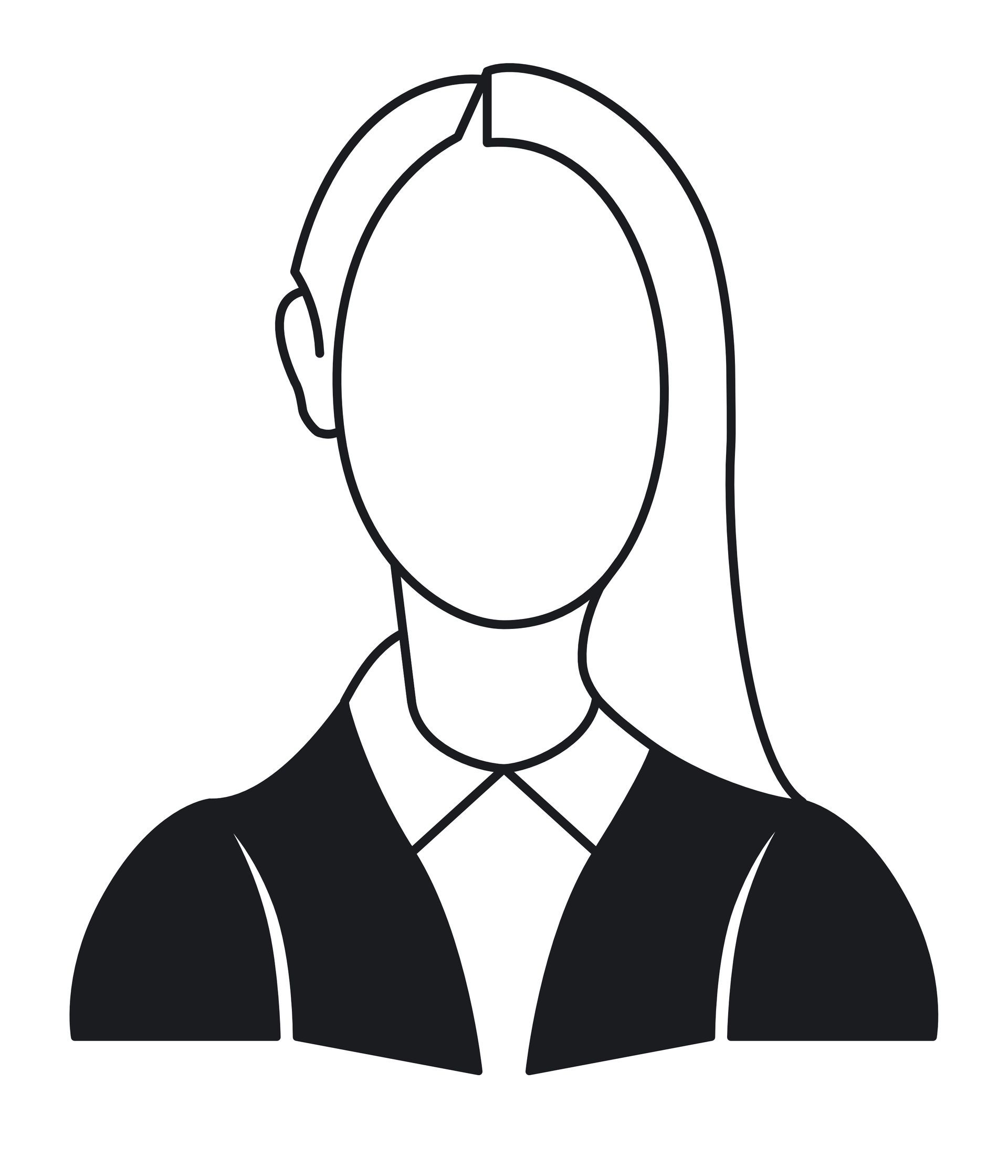 Eine minimalistische Strichzeichnung einer Person mit langen Haaren, die ein Hemd oder einen Blazer mit Kragen trägt.