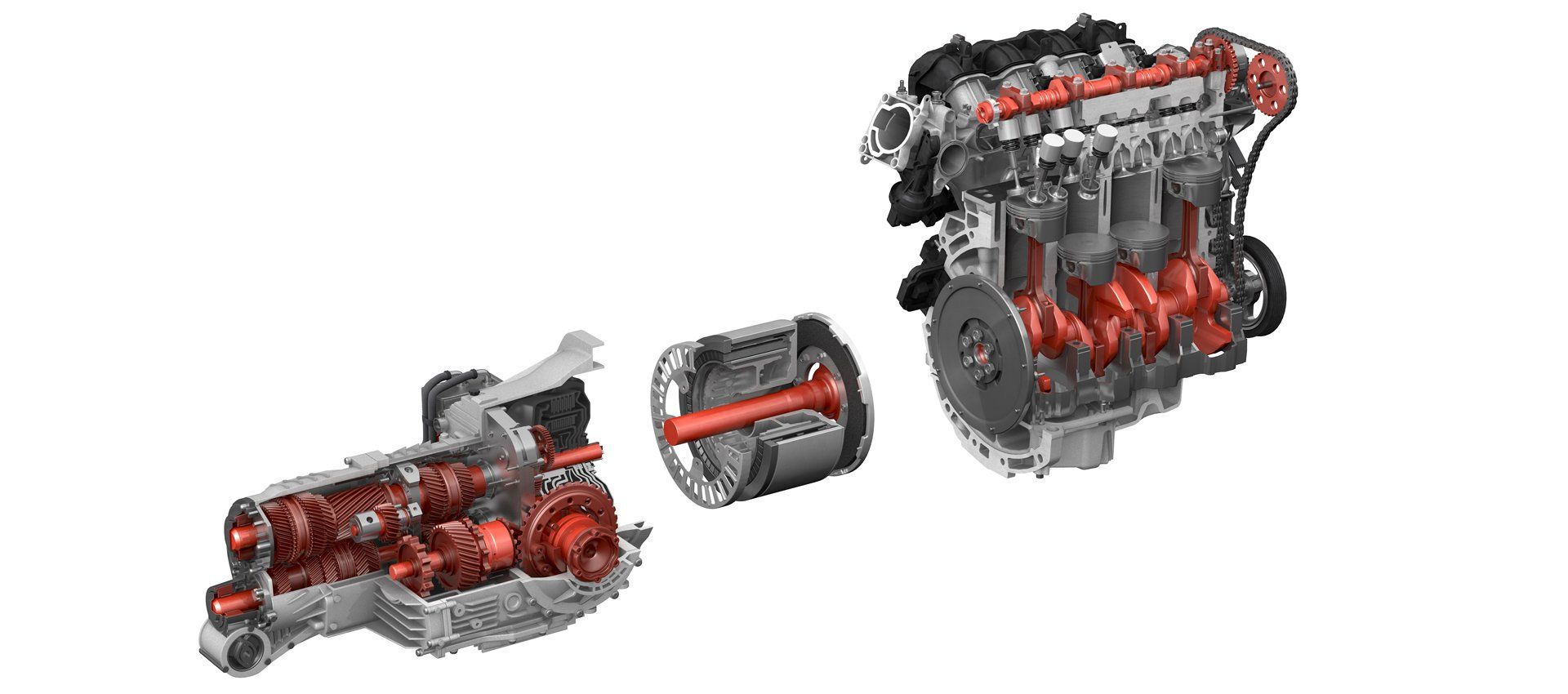 3D Visualisierung eines Antriebsstranks mit Verbrennungsmotor, Elektromotor und Getriebe