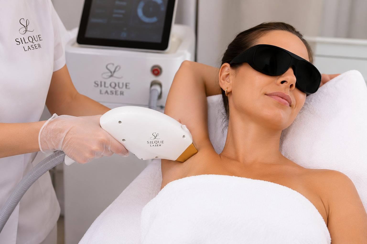 Frau erhält in einer Wellnessklinik eine Laserbehandlung am Oberarm; trägt dabei eine Schutzbrille.