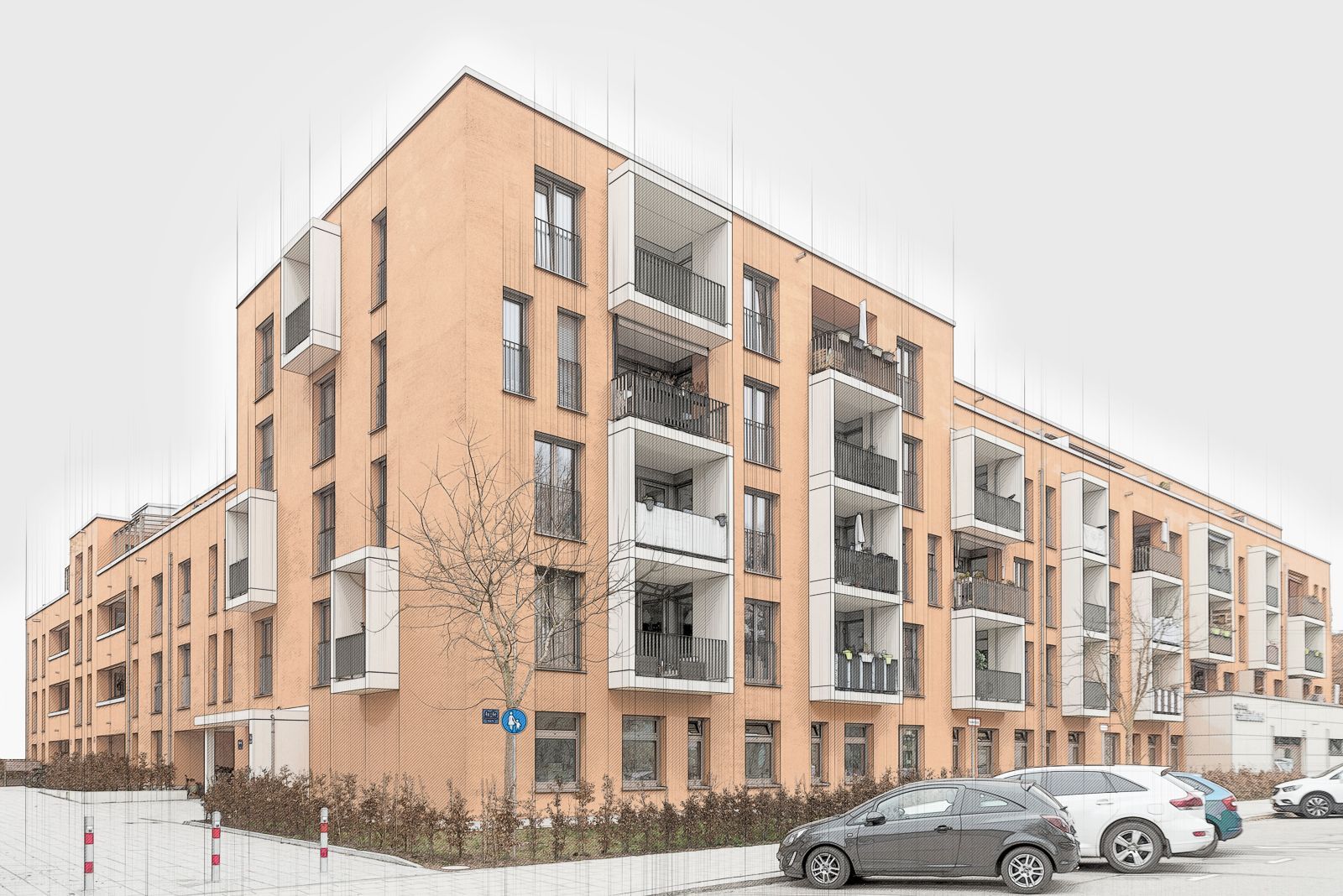 Moderner Wohnblock, Skizzen-Look