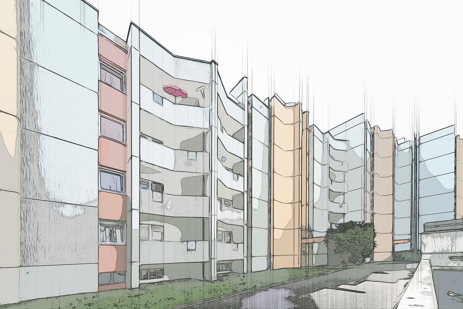 Wohnblock in Rosenheim, Skizzen-Look mit Comic-Stle