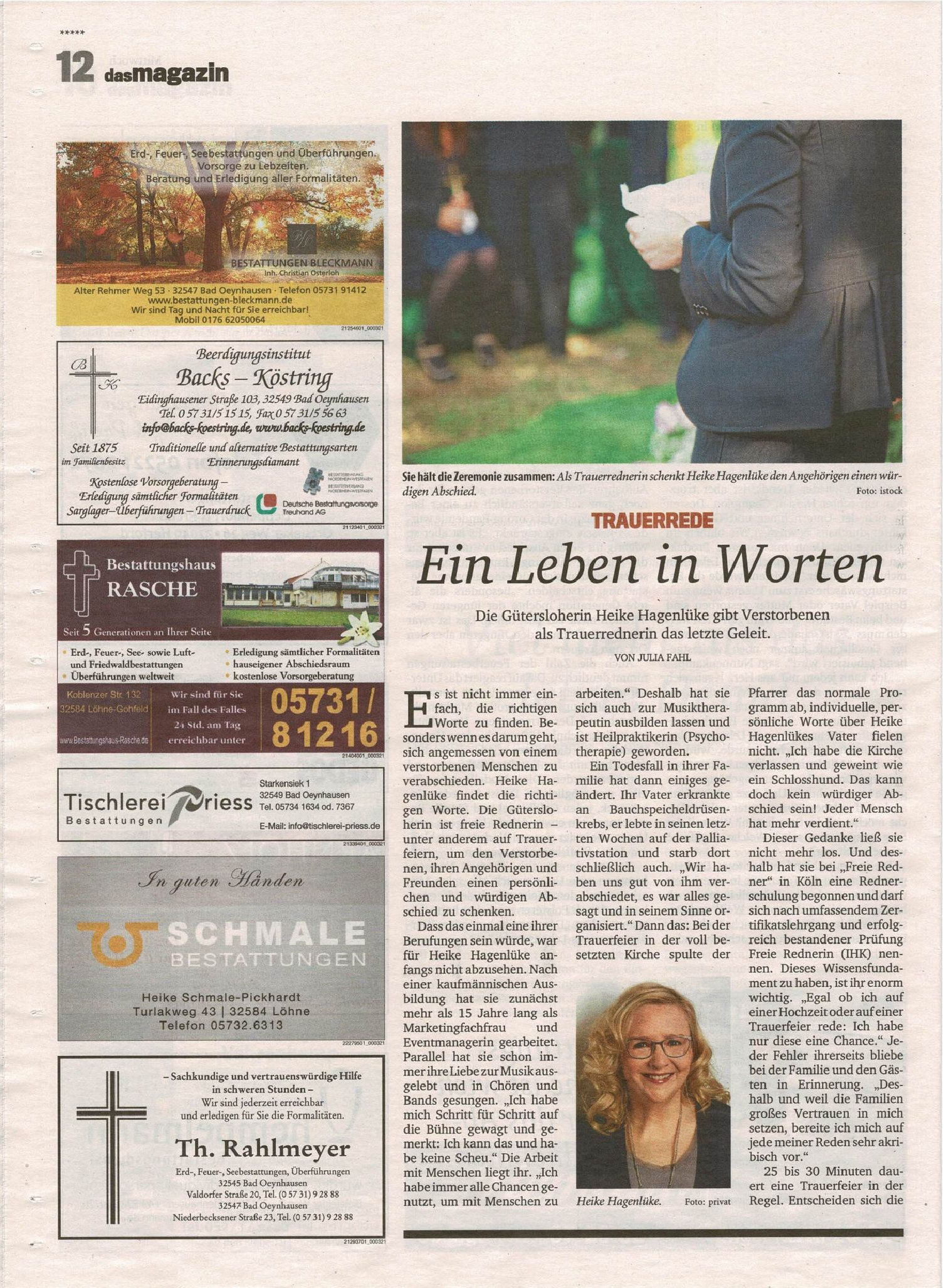Portrait der Neuen Westfälischen Zeitung über die Trauerrednerin Heike Hagenlüke (Seite 2)