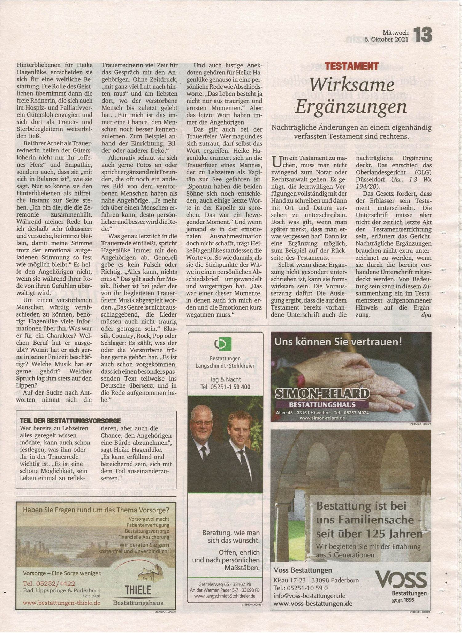 Portrait der Neuen Westfälischen Zeitung über die Trauerrednerin Heike Hagenlüke (Seite 3)