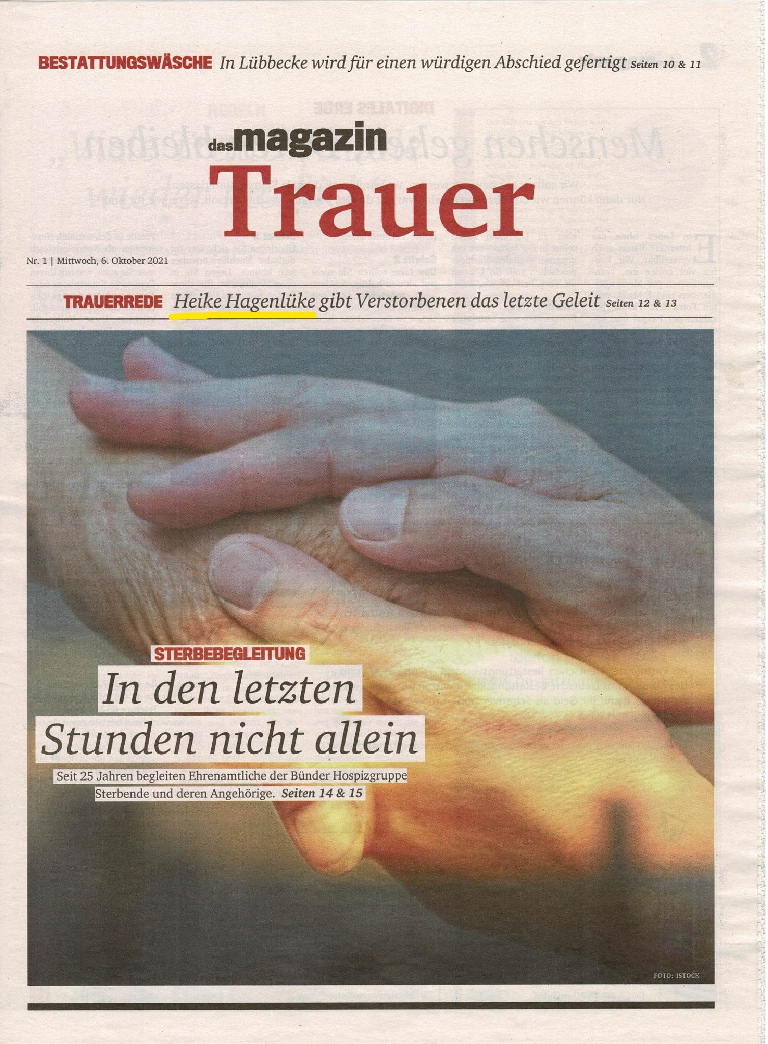 Portrait der Neuen Westfälischen Zeitung über die Trauerrednerin Heike Hagenlüke (Seite 1)