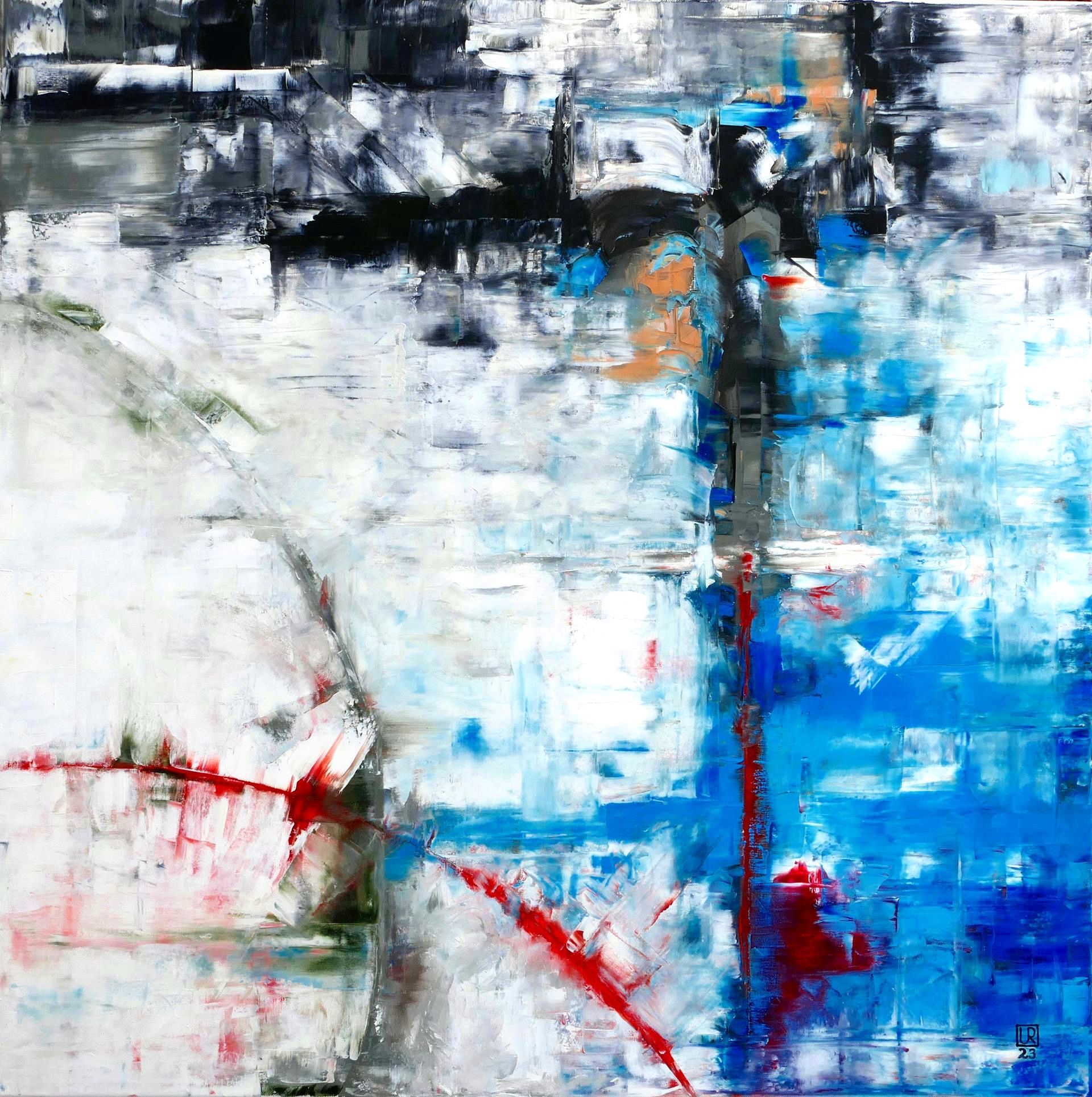 abstraktes gemaelde in spachteltechnik, oel auf leinwand, in weiss blau schwarz orange halbkreis unten links senkrechte in rechter haelfte udo rohlfs 2023