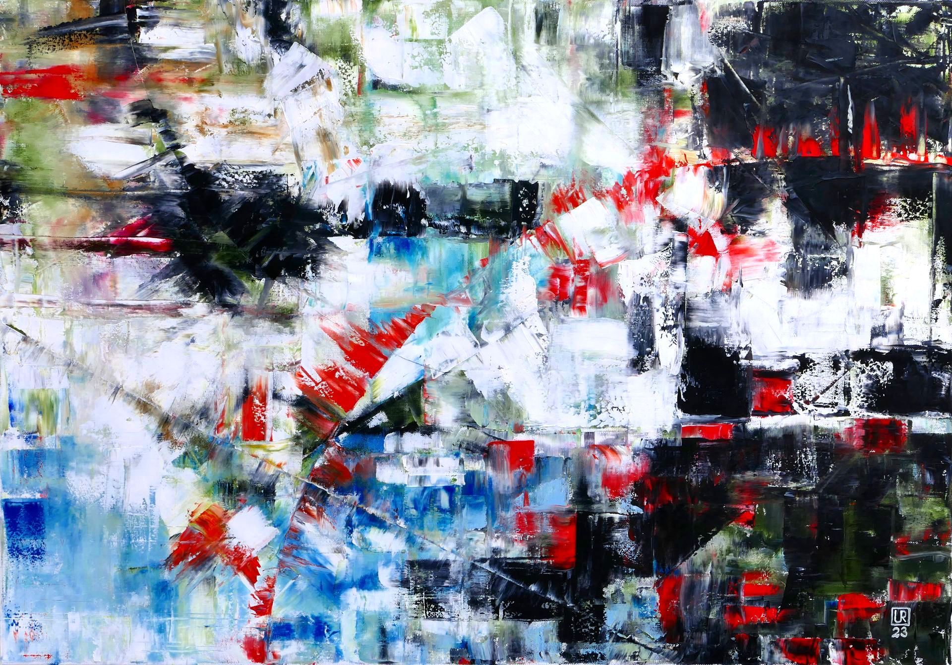 abstraktes gemaelde in spachteltechnik, oel auf leinwand,  splitter fetzen in weiss hellblau schwarz rot bogen in rechter haelfte mit schwarzen ballungen rechts unten und oben und links von udo rohlfs 2023