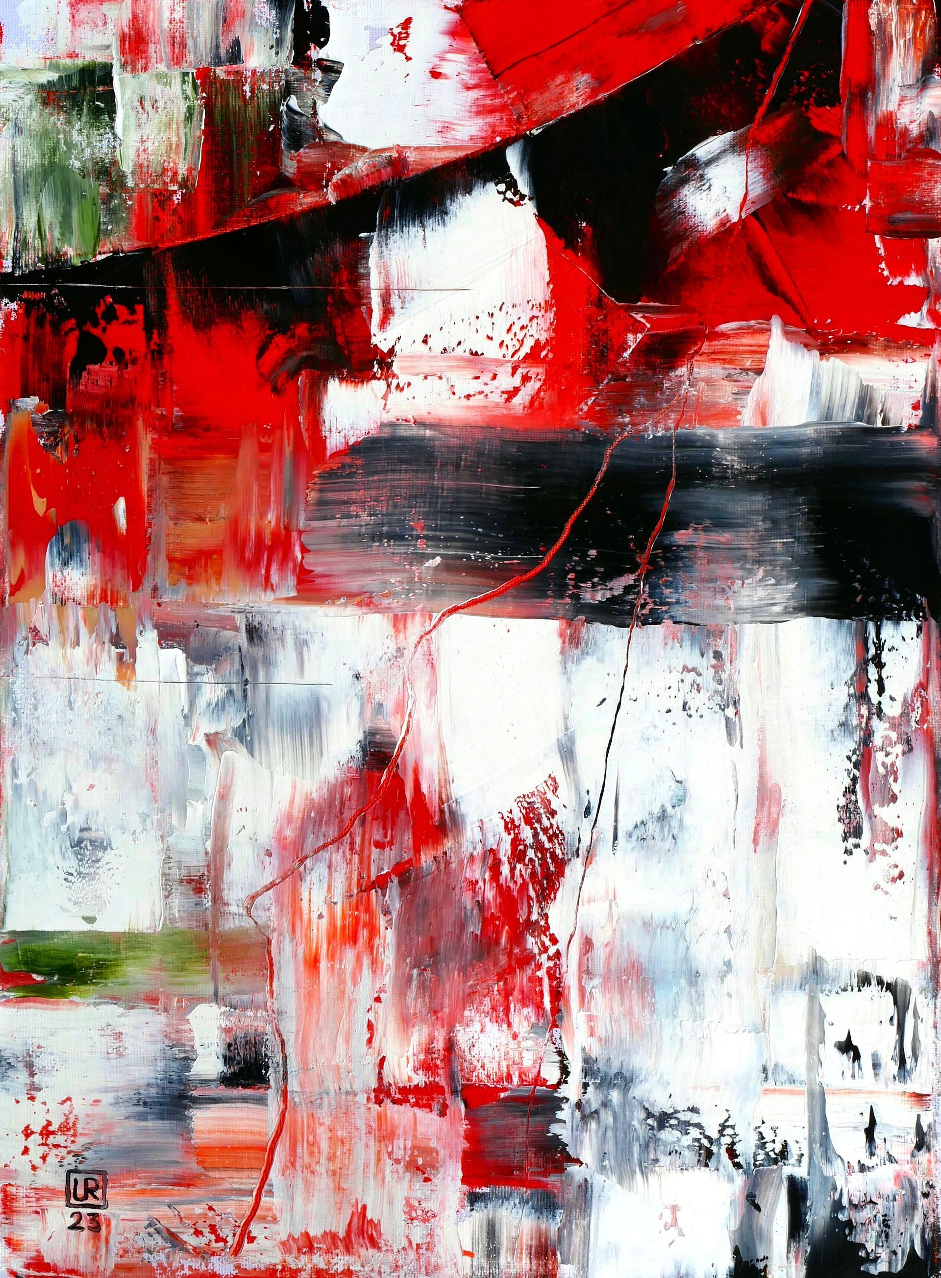 abstraktes gemaelde in spachteltechnik, oel auf leinwand, oben halbkreis breite horizontale in oberer haelfte viel weiss mit blutrot schwarz und etwas gruen von udo rohlfs 2023