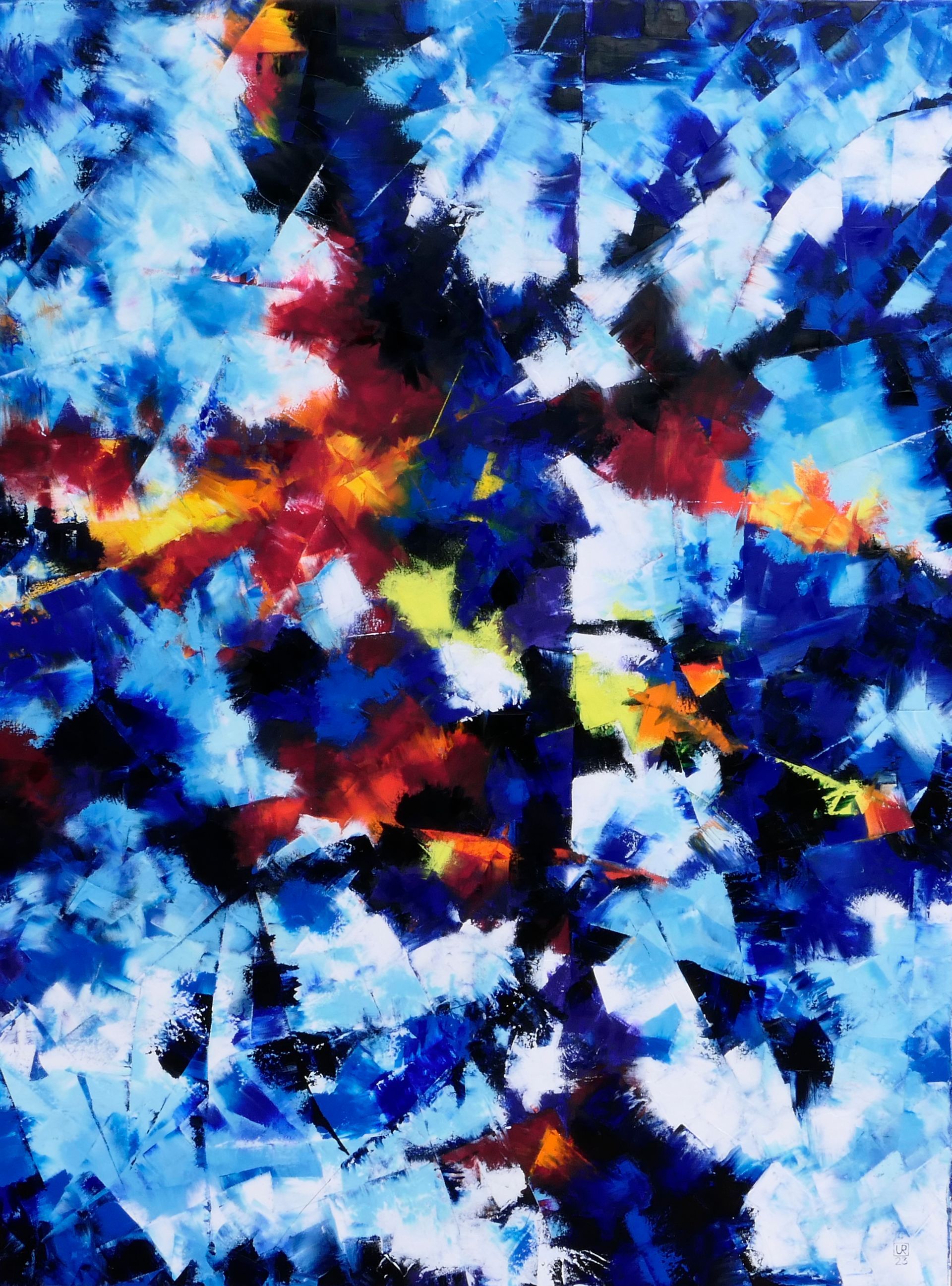 abstraktes gemaelde in Spachteltechnik, oel auf Leinwand, Splitter, Scherben von oben durchgaengige blaue achse, rote, orange und gelbe flecken sonst blaue und weisse felder von udo rohlfs 2023
