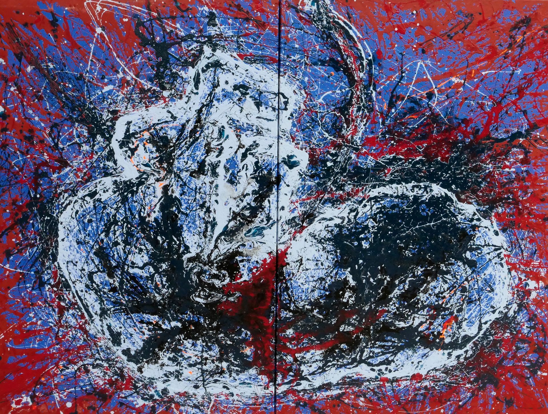 abstrakt gemalter foetus, kollateral, geworfene farbe dripping, dunkelblaue und hellblaue figur vor rot blau und violettem hintergrund, abstraktes gemaelde in oel auf leinwand aus der serie tatorte von udo rohlfs 1998