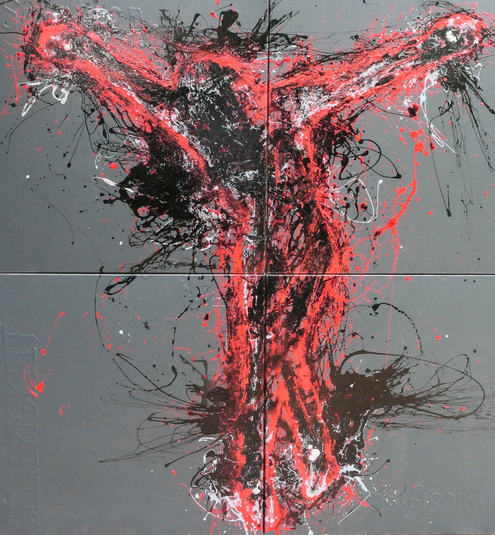 abstrakter jesus am kreuz, 0033, geworfene farbe dripping, figur in rot schwarz und silber vor grauem hintergrund, abstraktes gemaelde in oel auf leinwand aus serie tatorte von udo rohlfs 1998