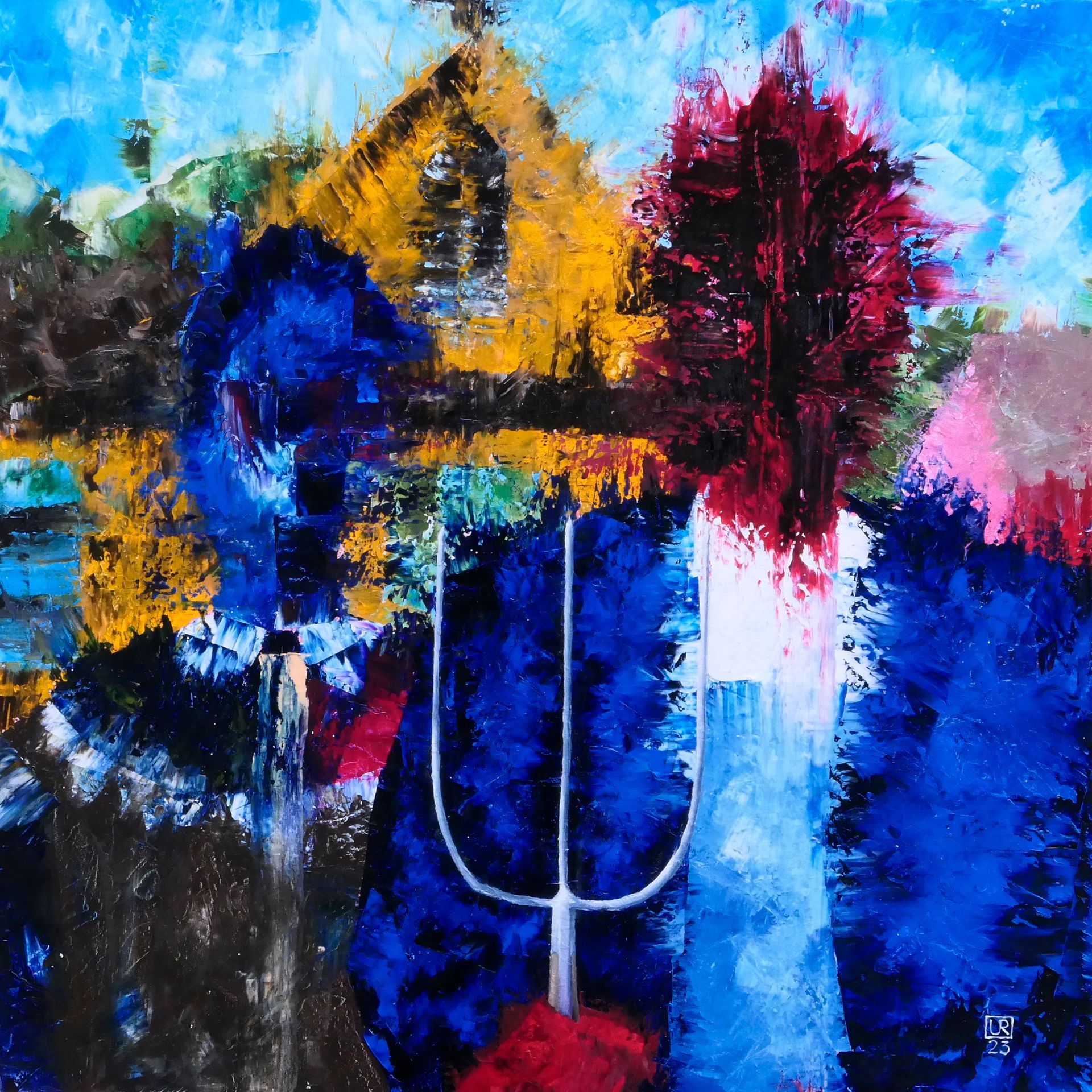 das gemaelde american gothic von grant wood als abstraktes gemaelde mit spachtel technik gemalt mit naturalistischer heugabel; german gothic; frau und mann mit heugabel vor gelbem haus; oel auf leinwand von udo rohlfs 2023