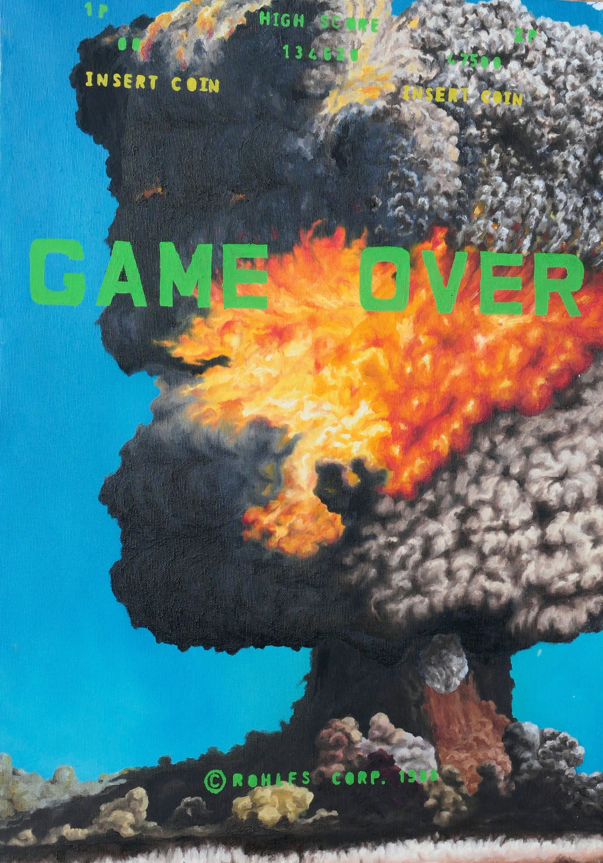 atombombenexplosion bzw. atompilzwolke, wie videospiel mit gruener schrift 