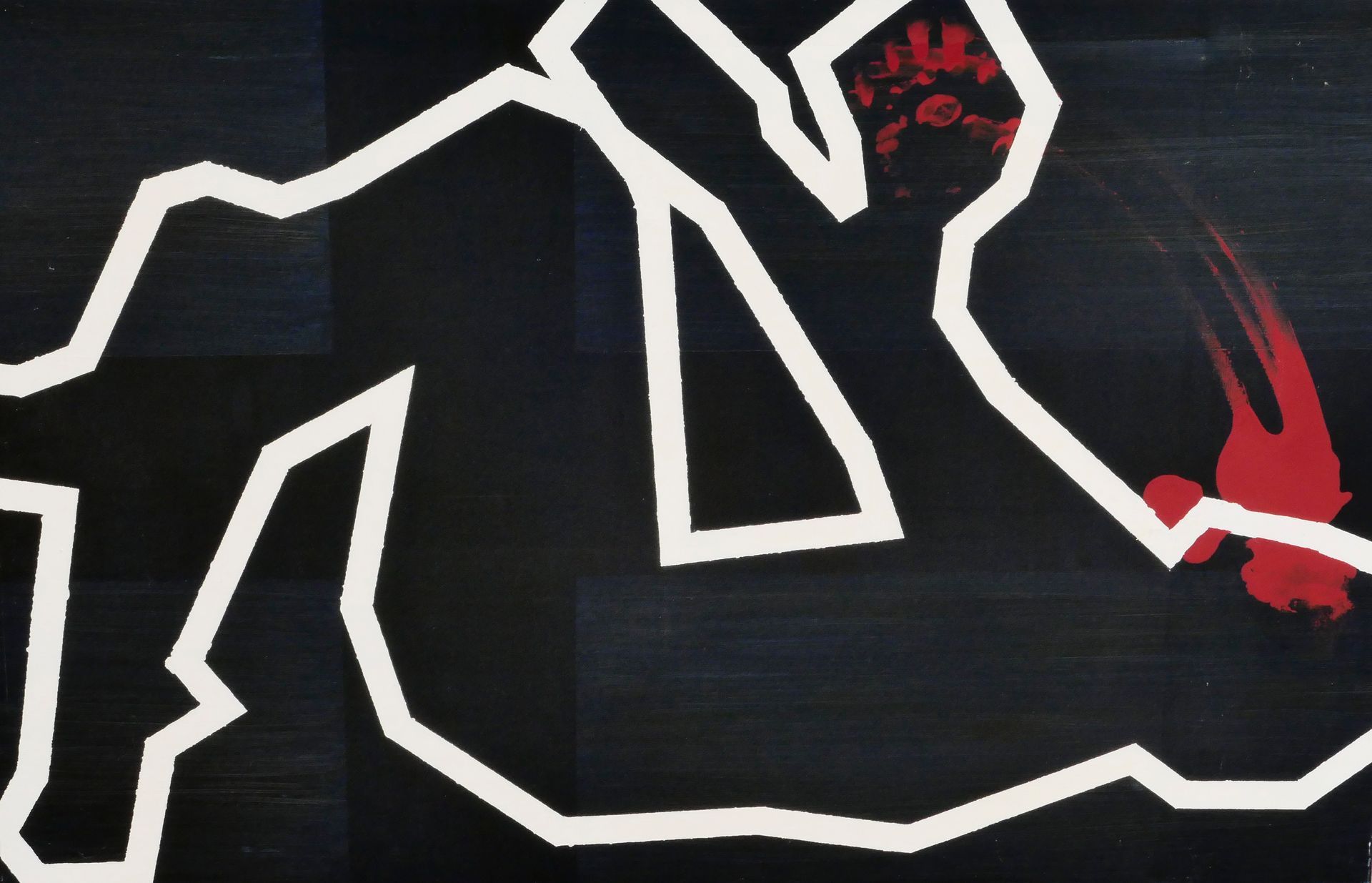 auf der seite liegende figur mit blut am kopf und mit einer hand, leidenschaft, weisse leichenlinie auf schwarzem hintergrund, abstraktes gemaelde in oel auf leinwand, aus serie tatorte von udo rohlfs 1998