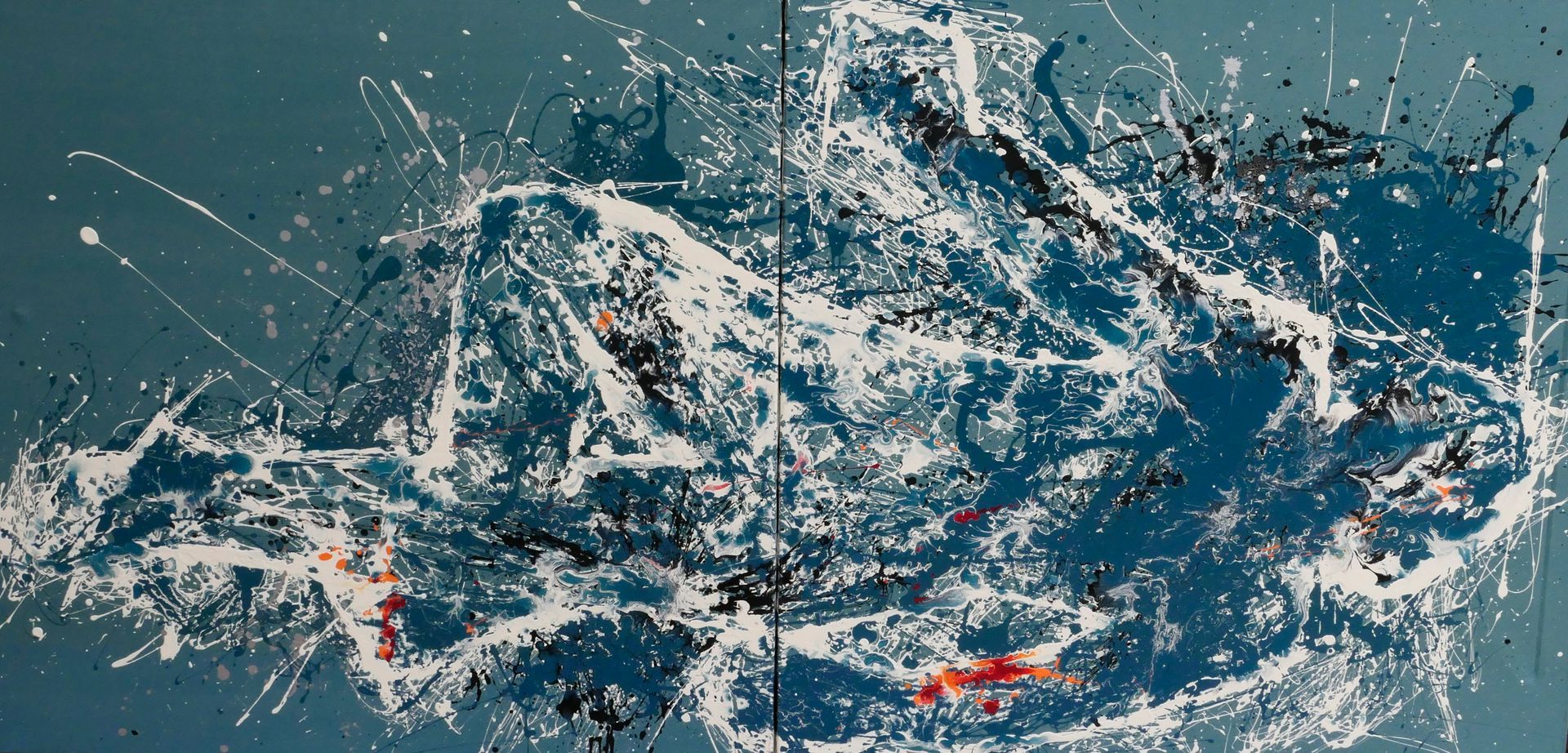 auf dem ruecken liegende figur, totalschaden, geworfene farbe dripping, tuerkis weisse figur auf helltuerkisem hintergrund, abstraktes gemaelde in oel auf leinwand aus der serie tatorte von udo rohlfs 1998