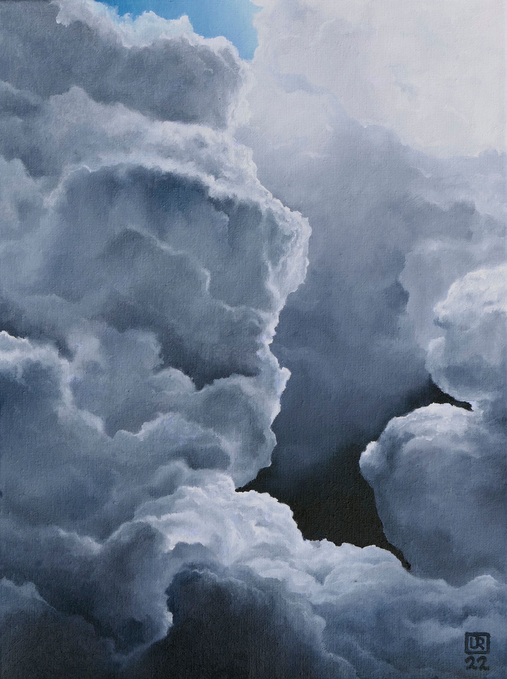 blick in dichte wolkenberge, oben ein kleines stueck blauer himmel, gemaelde in oel auf leinwand von udo rohlfs 2022