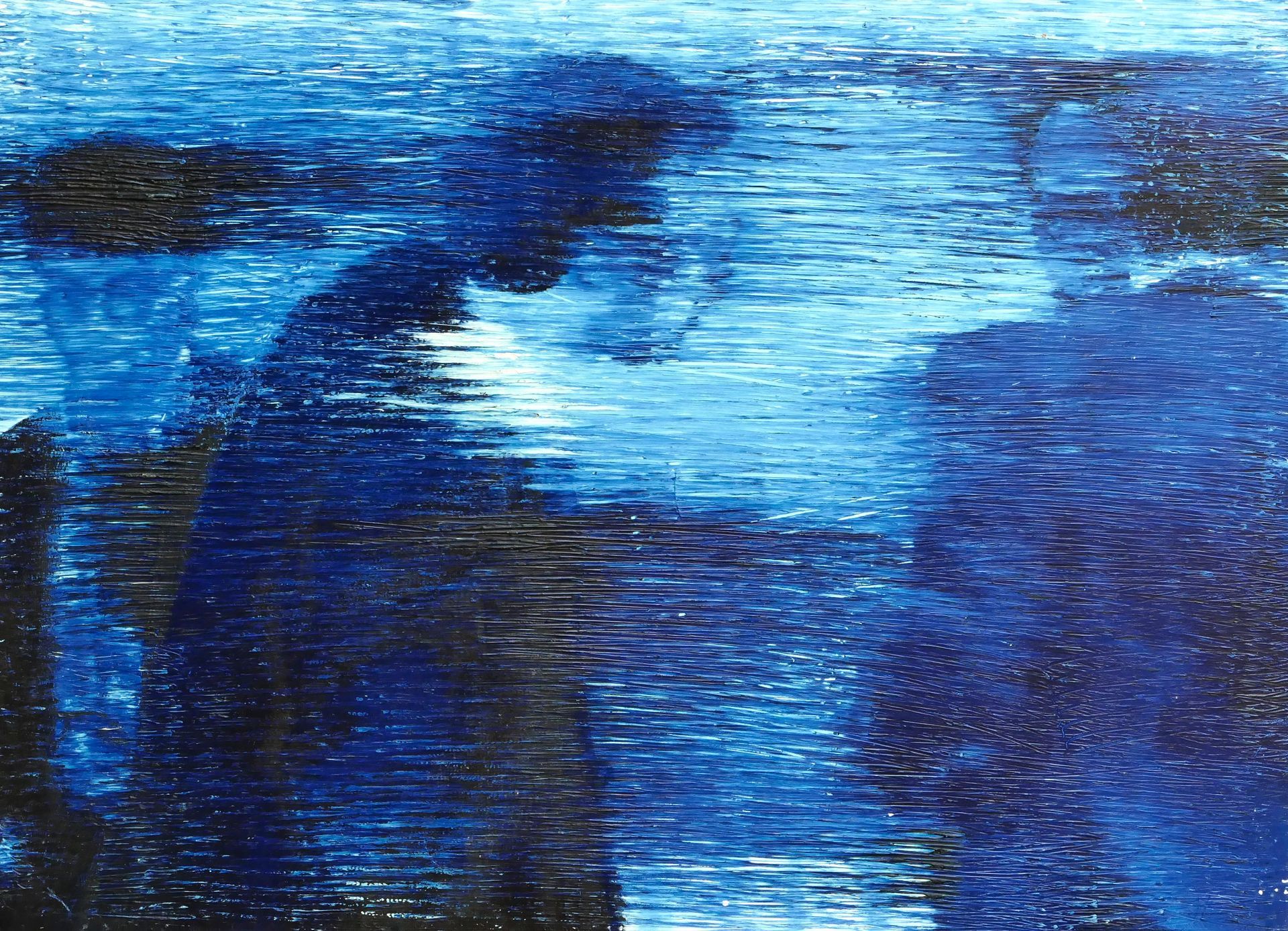 drei sich stehend zugewandte politiker, einer gerade aufstehend, weitere stehende figur links, in grober wischtechnik in preussischblau und weiss, gemaelde aus der serie 