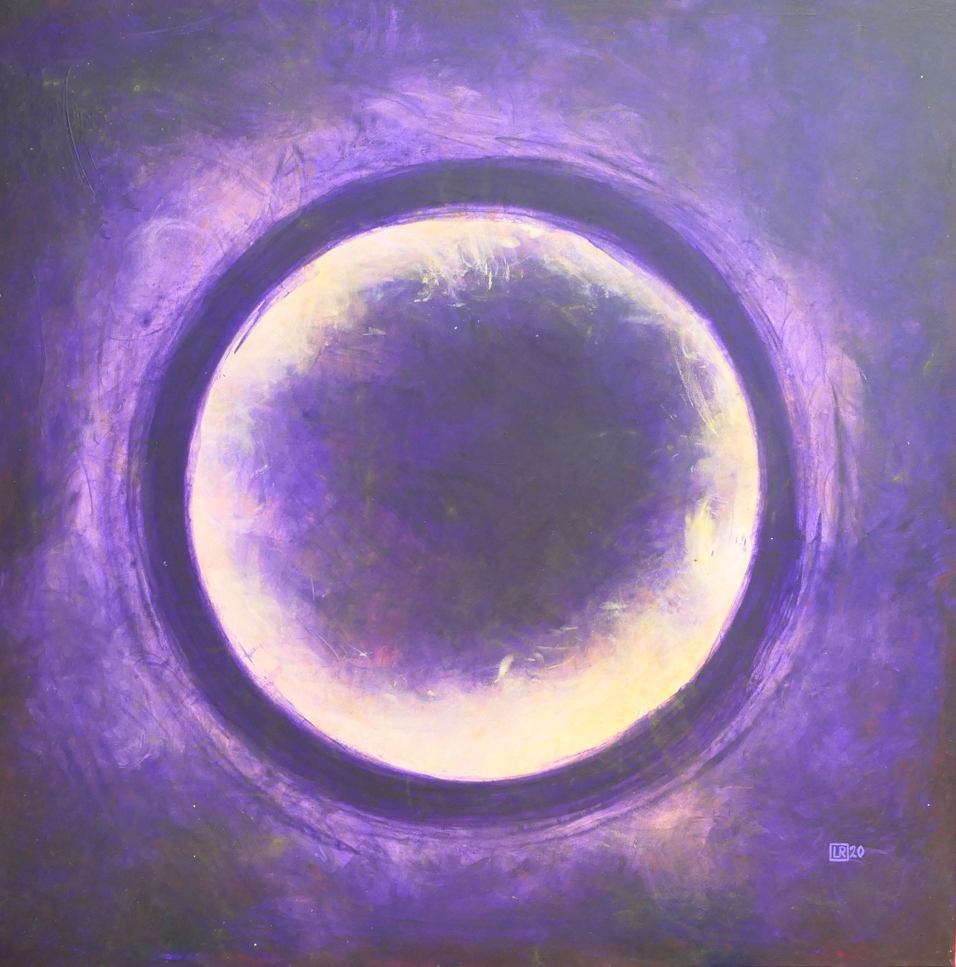 dunkel violetter farbring, innen wie weisses feuer, vor dunkelviolettem nebel im hintergrund, abstraktes gemaelde in oel auf leinwand von udo rohlfs 2020