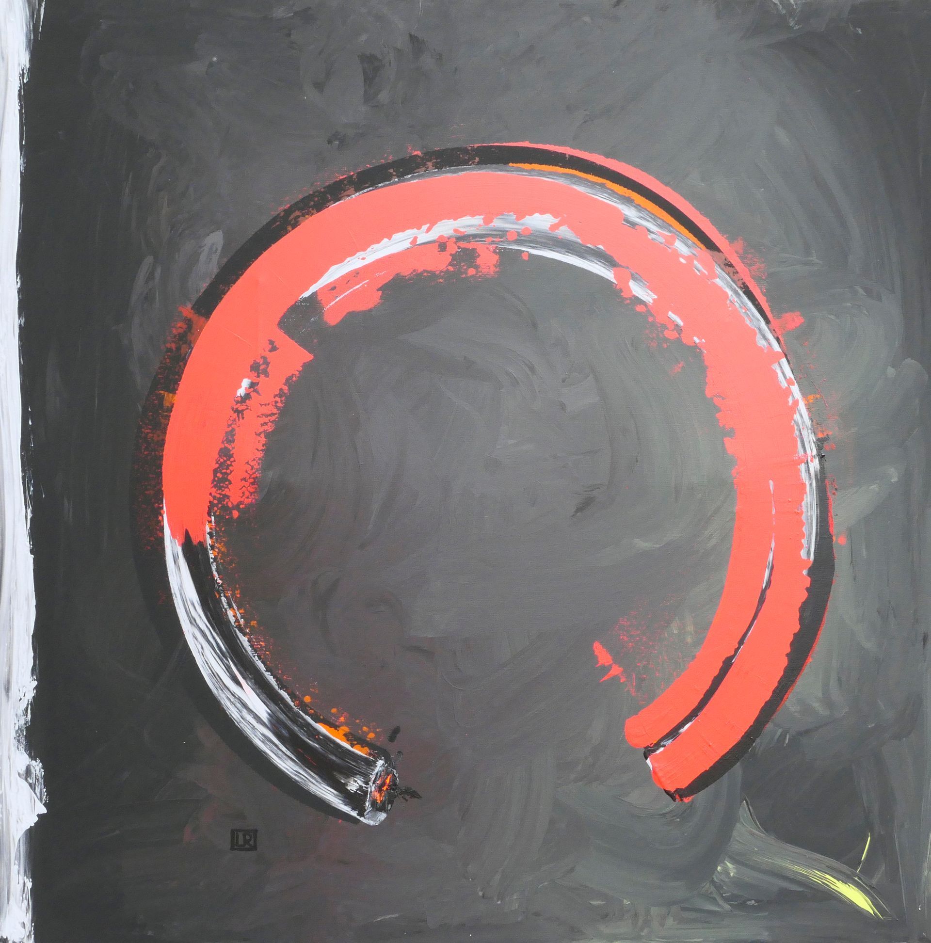 enso, offener rot schwarz silberner farbring vor schwarzem hintergrund, abstraktes gemaelde in oel auf leinwand von udo rohlfs 2020