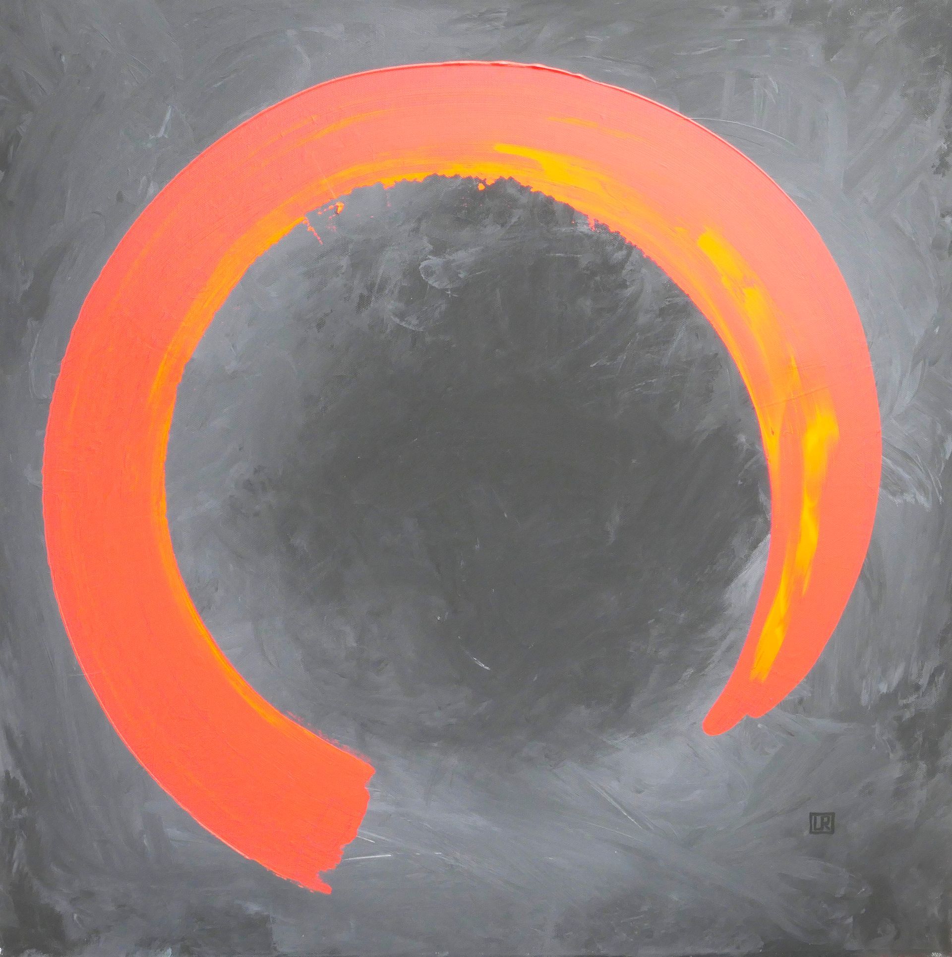 enso, offener farbring in rot und gelb vor schwarzem hintergrund, abstraktes gemaelde in oel auf leinwand von udo rohlfs 2019