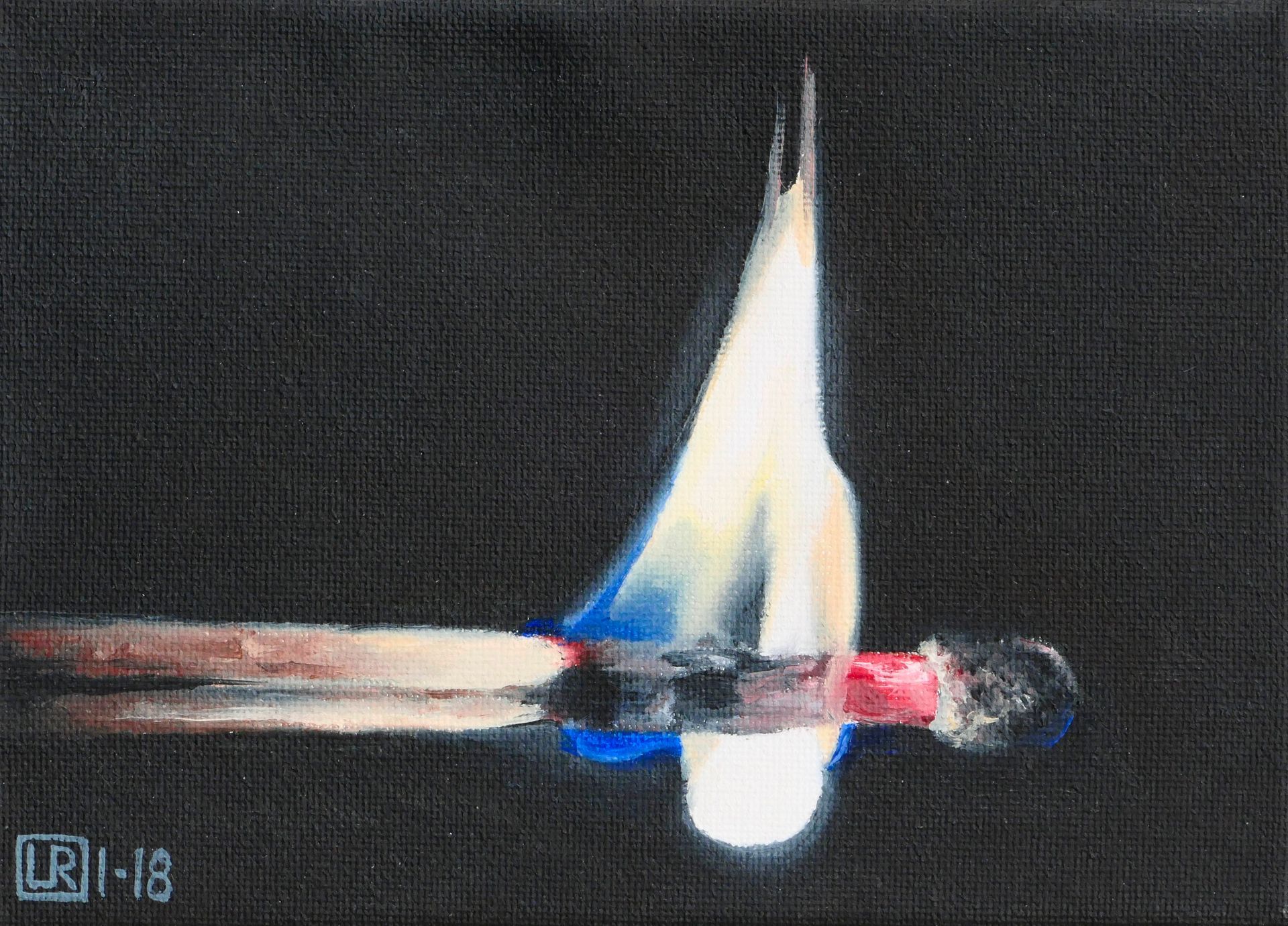 brennendes streichholz in nahaufnahme vor schewarzem hintergrund, gemaelde, oel auf leinwand, von udo rohlfs, 2018