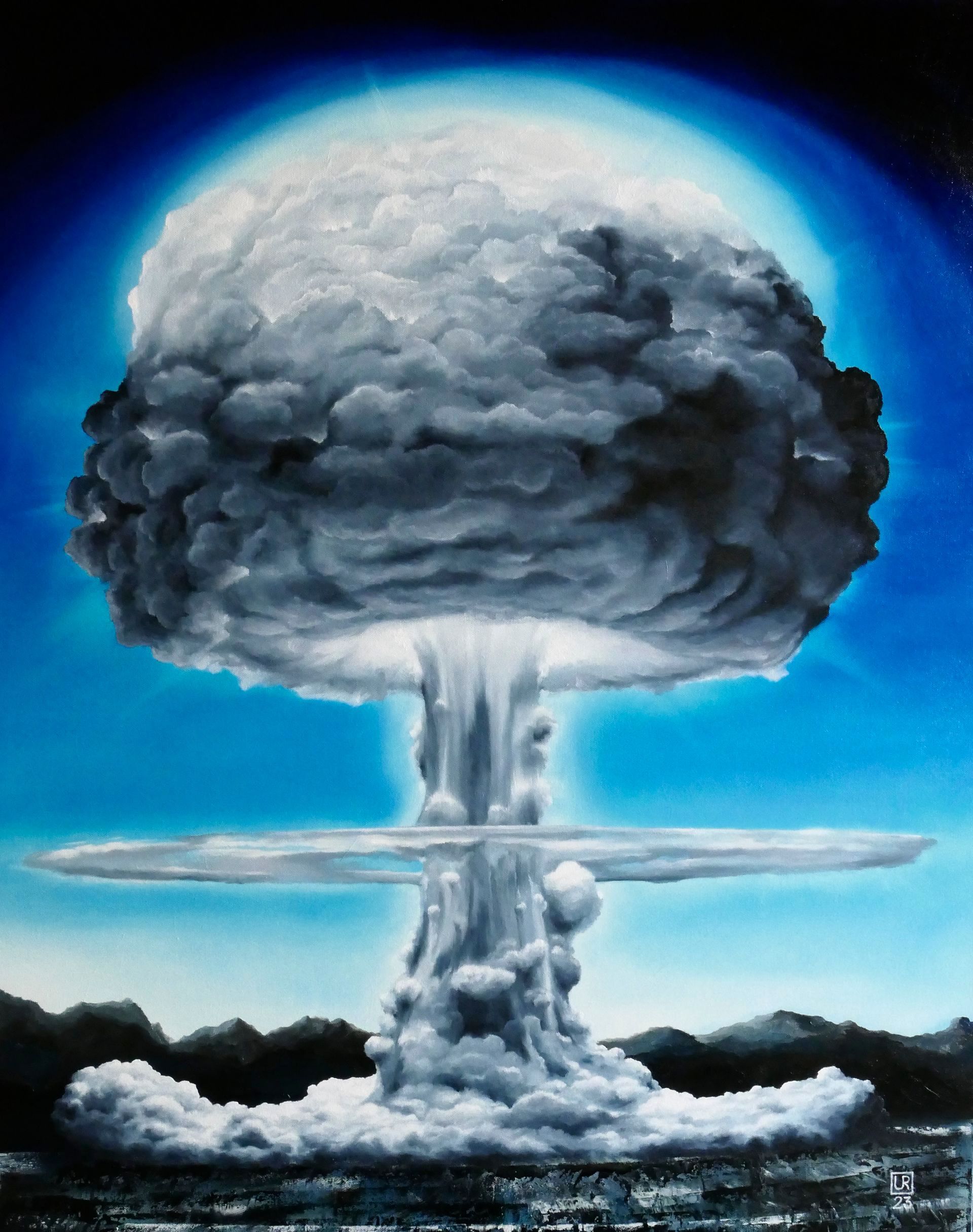 gemaelde einer atombombe bzw. atombombenexplosion bei der atompilz von innen leuchtet und kurz dem bersten ist, im hintergrund sind berge und ein klarer himmel, game over 2, oel auf leinwand, von udo rohlfs 2023