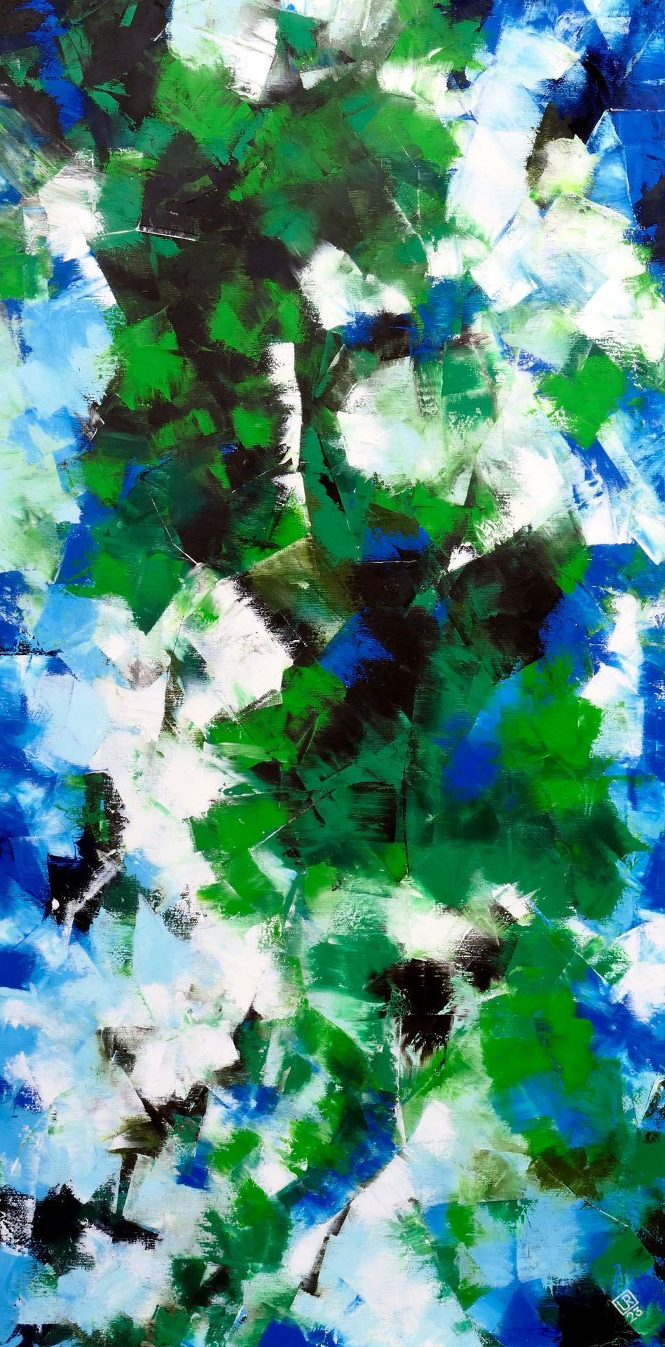 abstraktes gemaelde in spachteltechnik, oel auf leinwand, in gruen, blau und weiss wie farbwolke oder splitter scherben  von udo rohlfs 2023