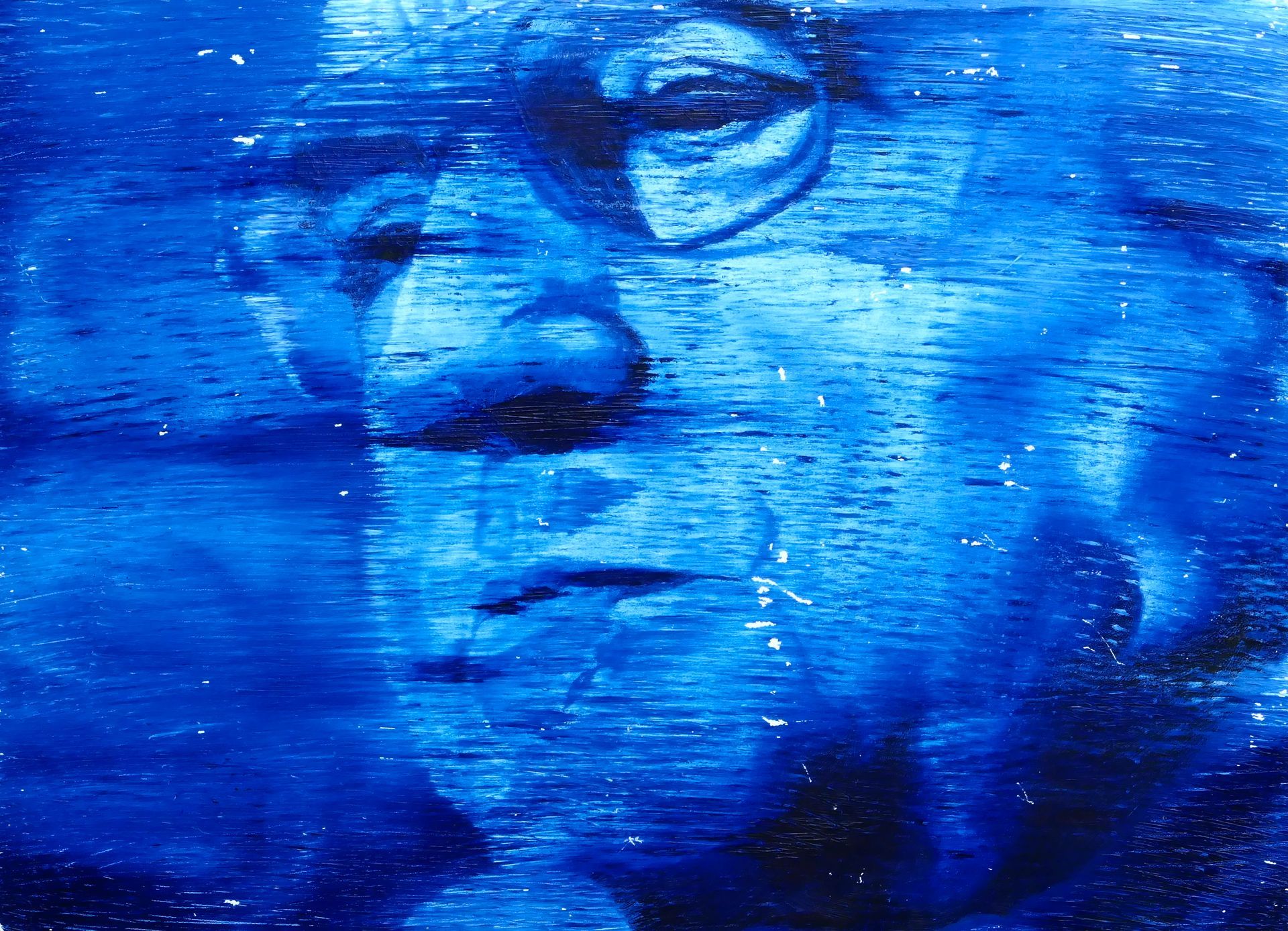 portrait von helmut kohl in grober wischtechnik in preussischblau und weiss, kohl ernst blickend, gemaelde aus der serie 