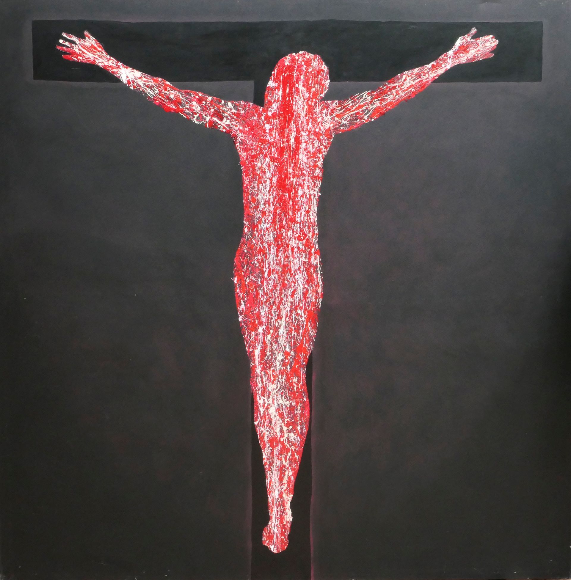 jesus christus am kreuz haengend, kontrolle, abstraktes gemaelde, geworfene farbe, dripping, figur in rot und weiß wie rohes fleisch auf schwarzem kreuz vor schwarzem hintergrund, von udo rohlfs 2015