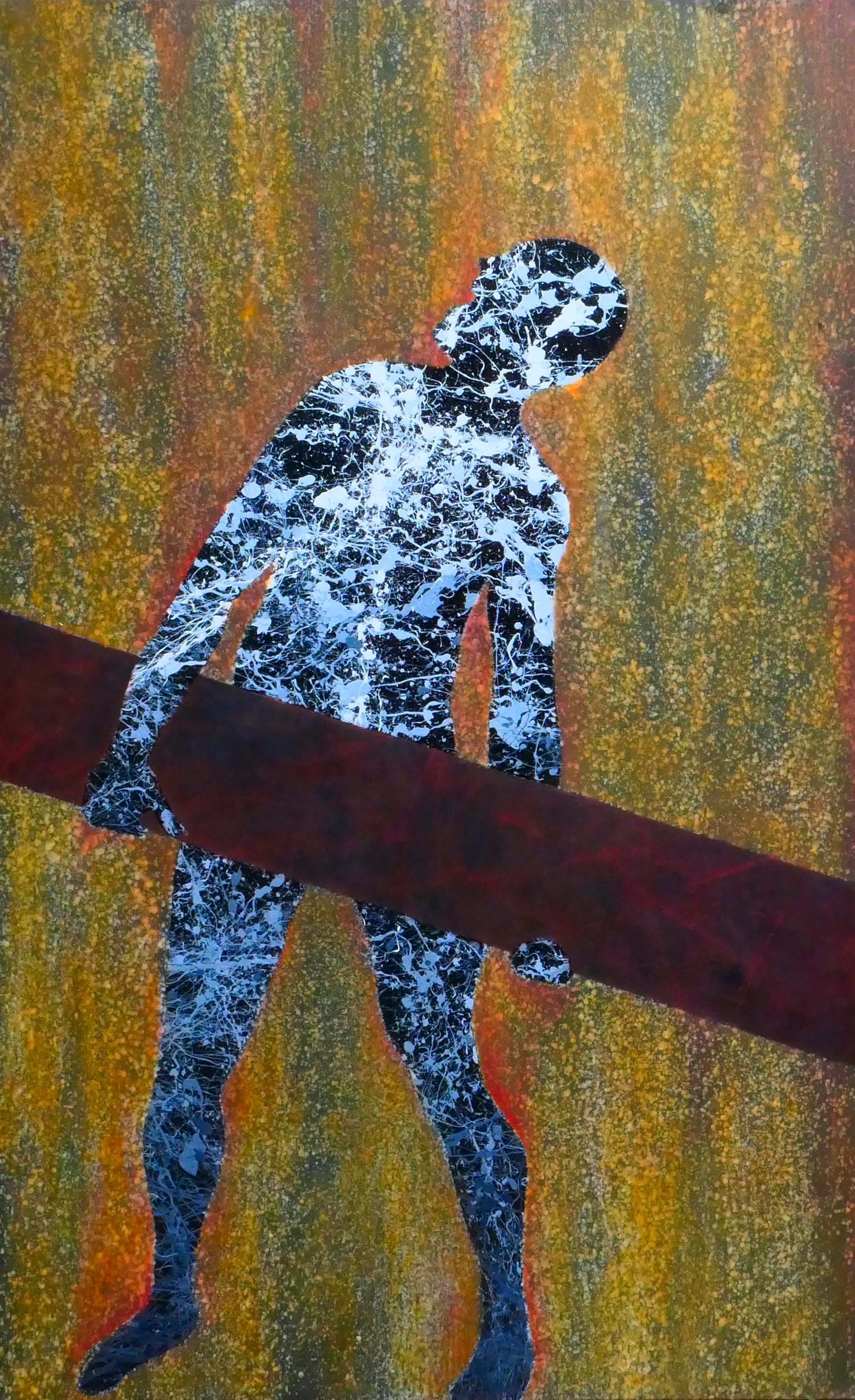 verraeter judas iskariot trägt kreuzbalken und schreit zum himmel, abstraktes Gemälde, geworfene Farbe, Dripping, schwarz-weisse figur vor goldregen im hintergrund, von udo rohlfs 2015