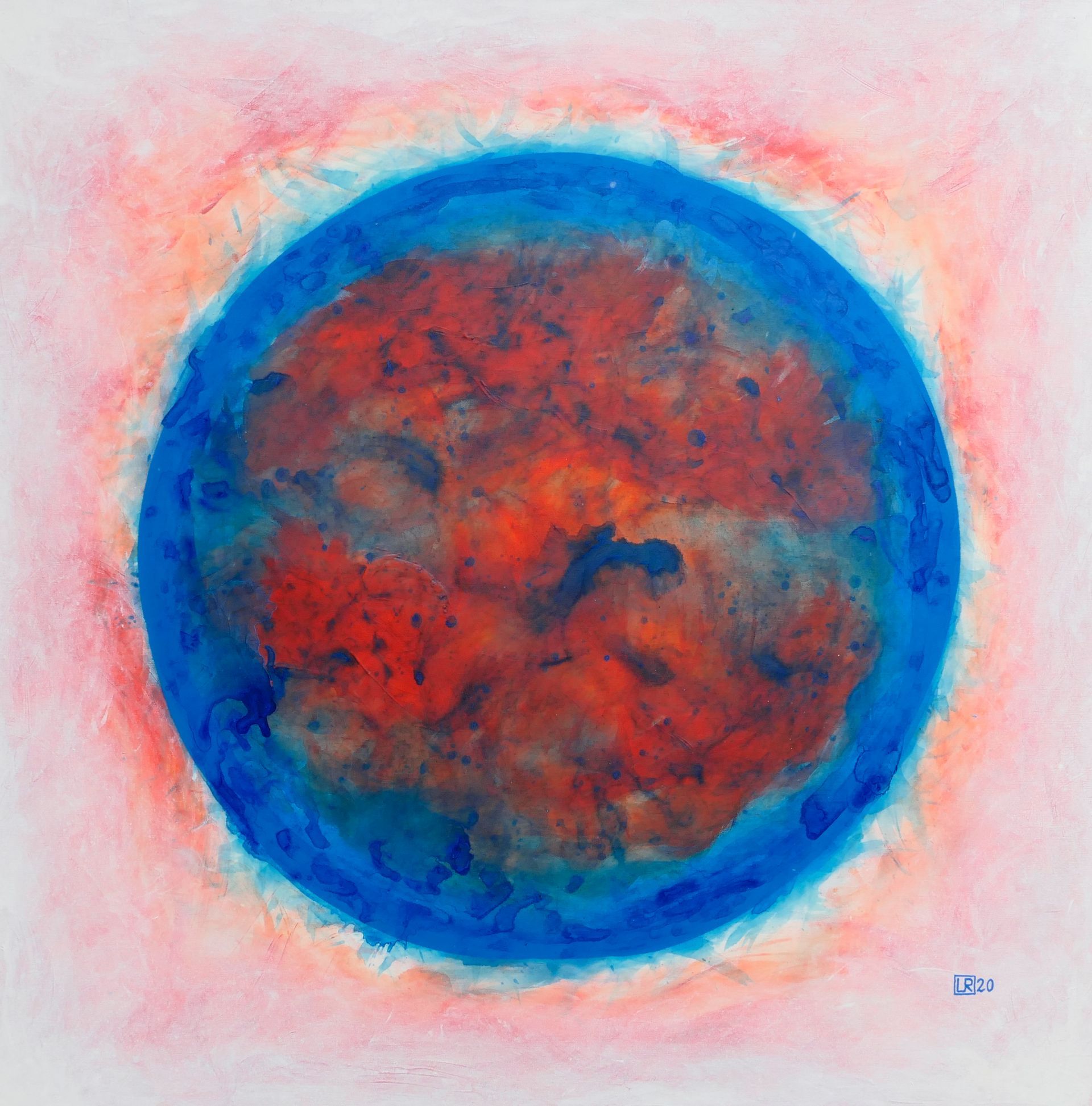 kugel mit blauem dickem rand und innerem wie glut oder feuer abstraktes, gemaelde in oel auf leinwand von udo rohlfs 2020