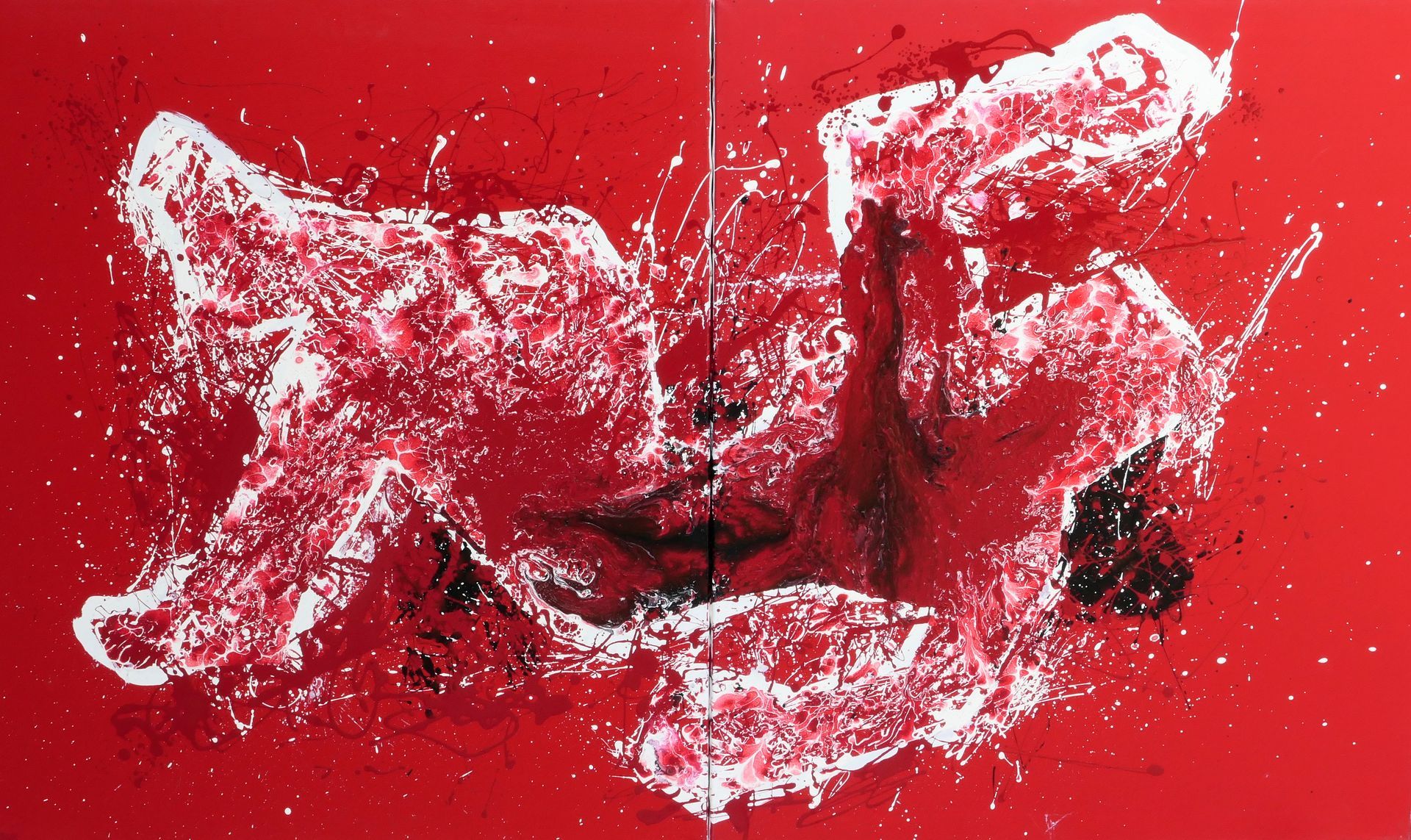 am boden liegende figur von oben, speichelprobe nummer 3008, geworfene farbe dripping, figur in rot schwarz und weiss vor rotem hintergrund, abstraktes gemaelde in oel auf leinwand aus serie tatorte von udo rohlfs 1998