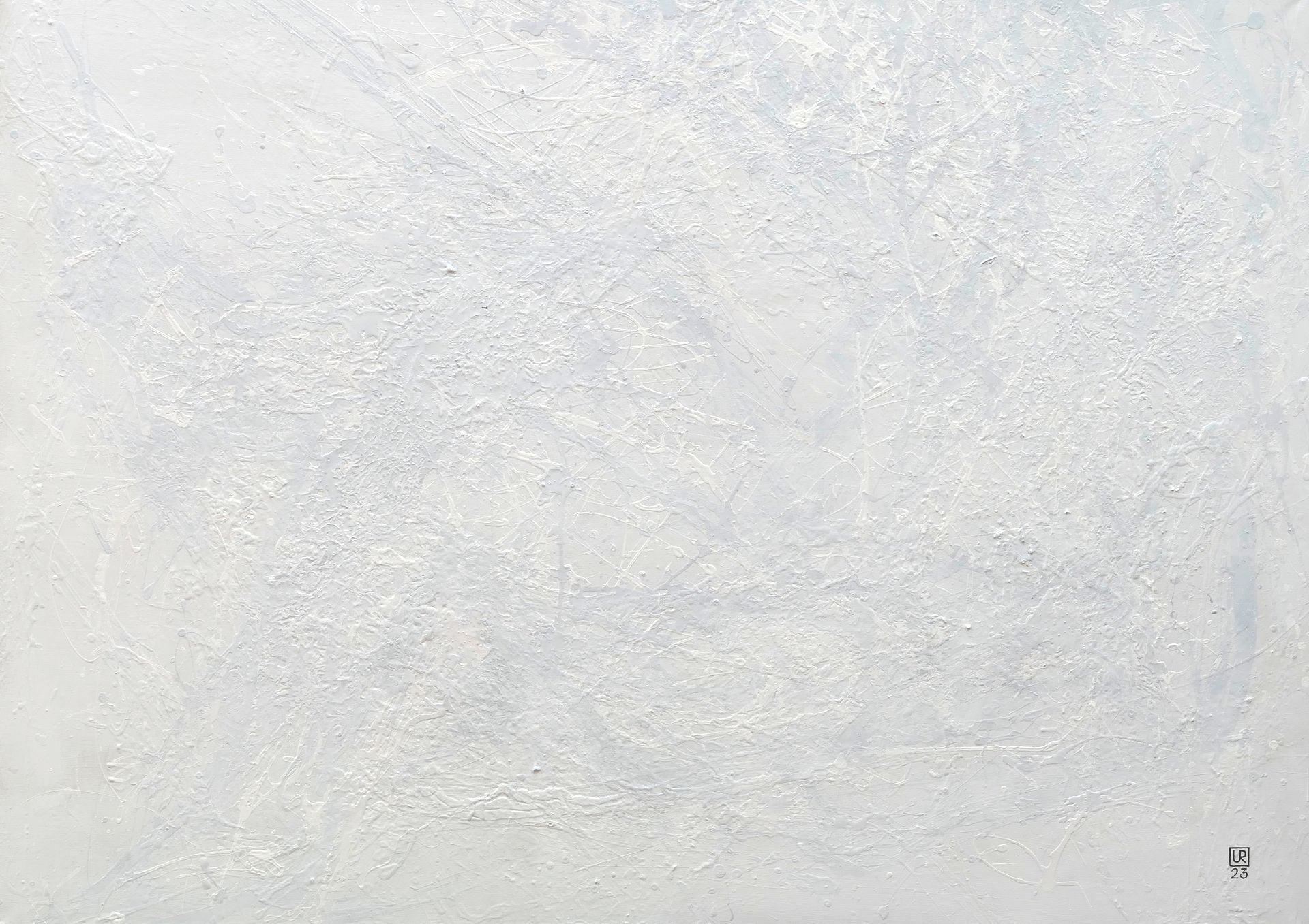 abstraktes gemaelde, farbwurf-Technik, übermalte farbwürfe, acryl auf leinwand, weiss in weiss, wie narbenhaut nach verbrennung, von udo rohlfs 2023