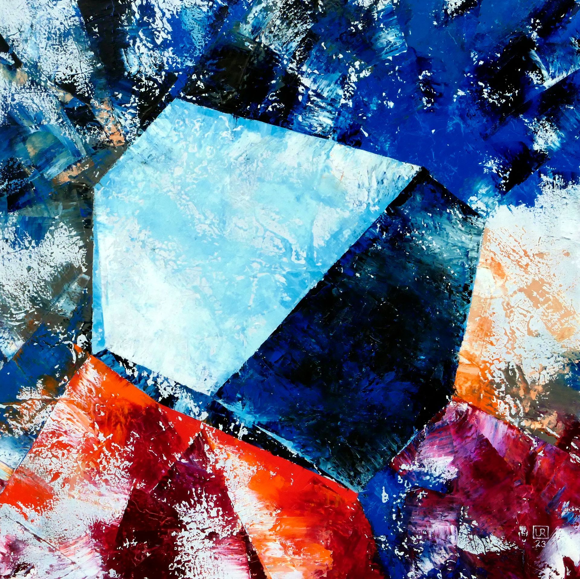 Polyeder bzw. Rhomboeder von Albrecht Duerer als zentrales Objekt umgeben von abstrakten Formen in Spachteltechnik in Blau, Orange und Weiss, Oel auf Leinwand, von udo rohlfs 2023