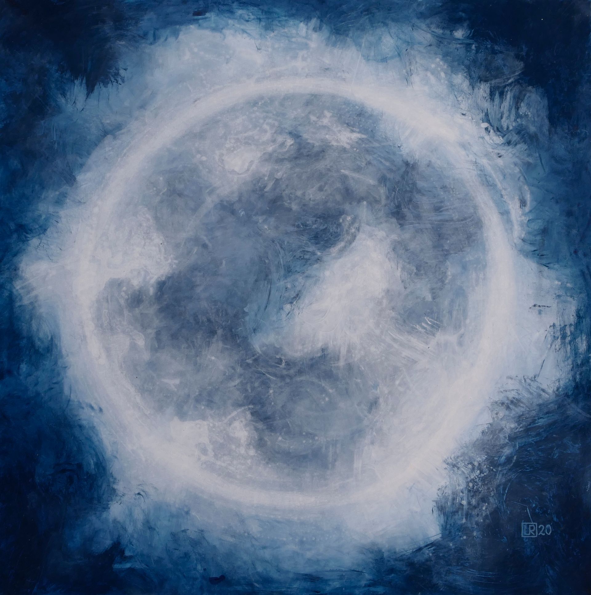 planet mit weisser nebel atmosphaere und schemenhaften kontinenten vor dunkelblauem hintergrund, abstraktes gemaelde in oel auf leinwand von udo rohlfs 2020