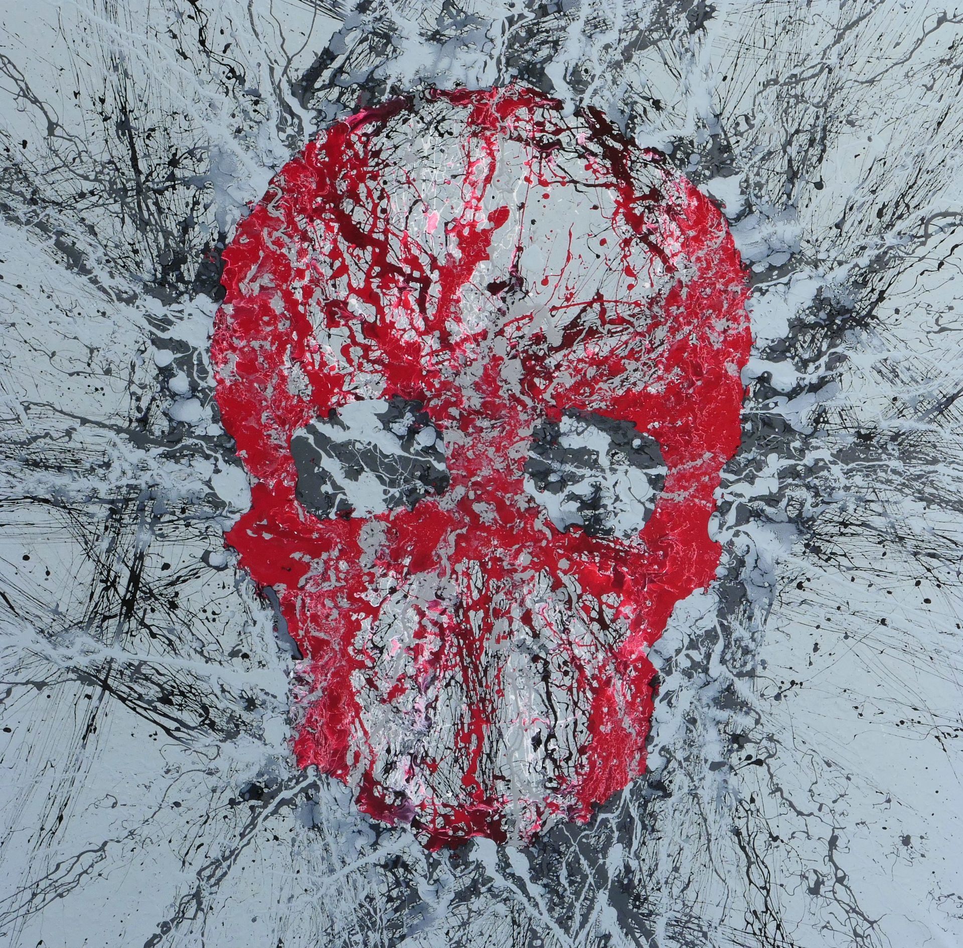 abstraktes gemaelde in wurfttechnik bzw. dripping, Totenkopf bzw. Totenschädel,  geworfene farbe: rot grauer schaedel vor hellgrauem hintergrund mit schwearzen spritzern von udo rohlfs 2013