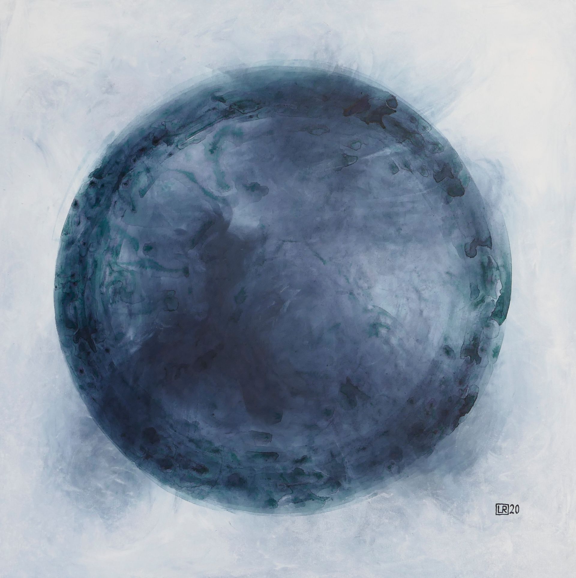 stahlblauer planet wie schild mit breitem rand umgeben vor weissem hintergrund, abstraktes gemaelde in oel auf leinwand von udo rohlfs 2020