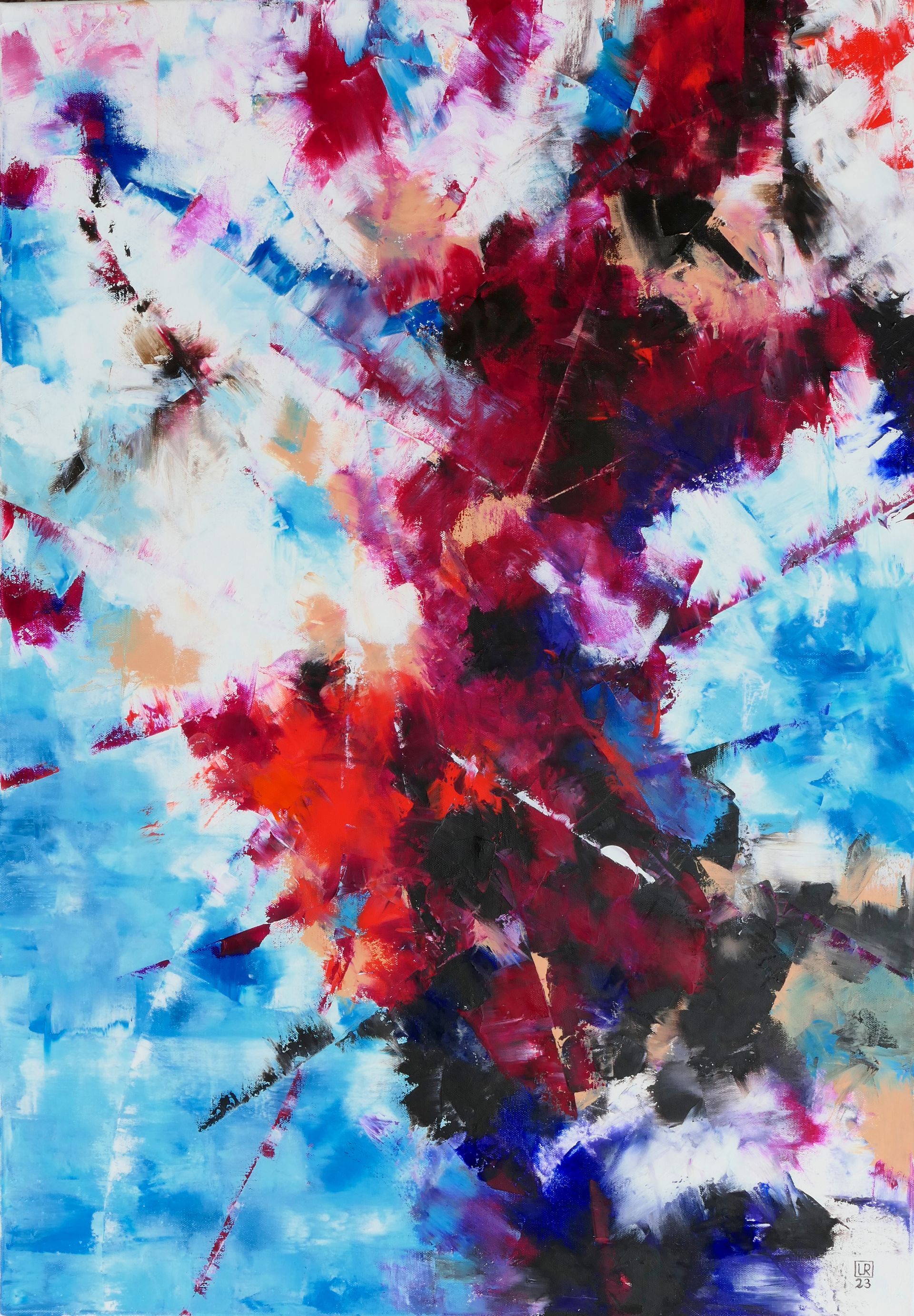 abstraktes gemaelde in spachteltechnik, oel auf leinwand, in rot blau und weiss wie farbexplosion splitter scherben und gebrochene linien von udo rohlfs 2023