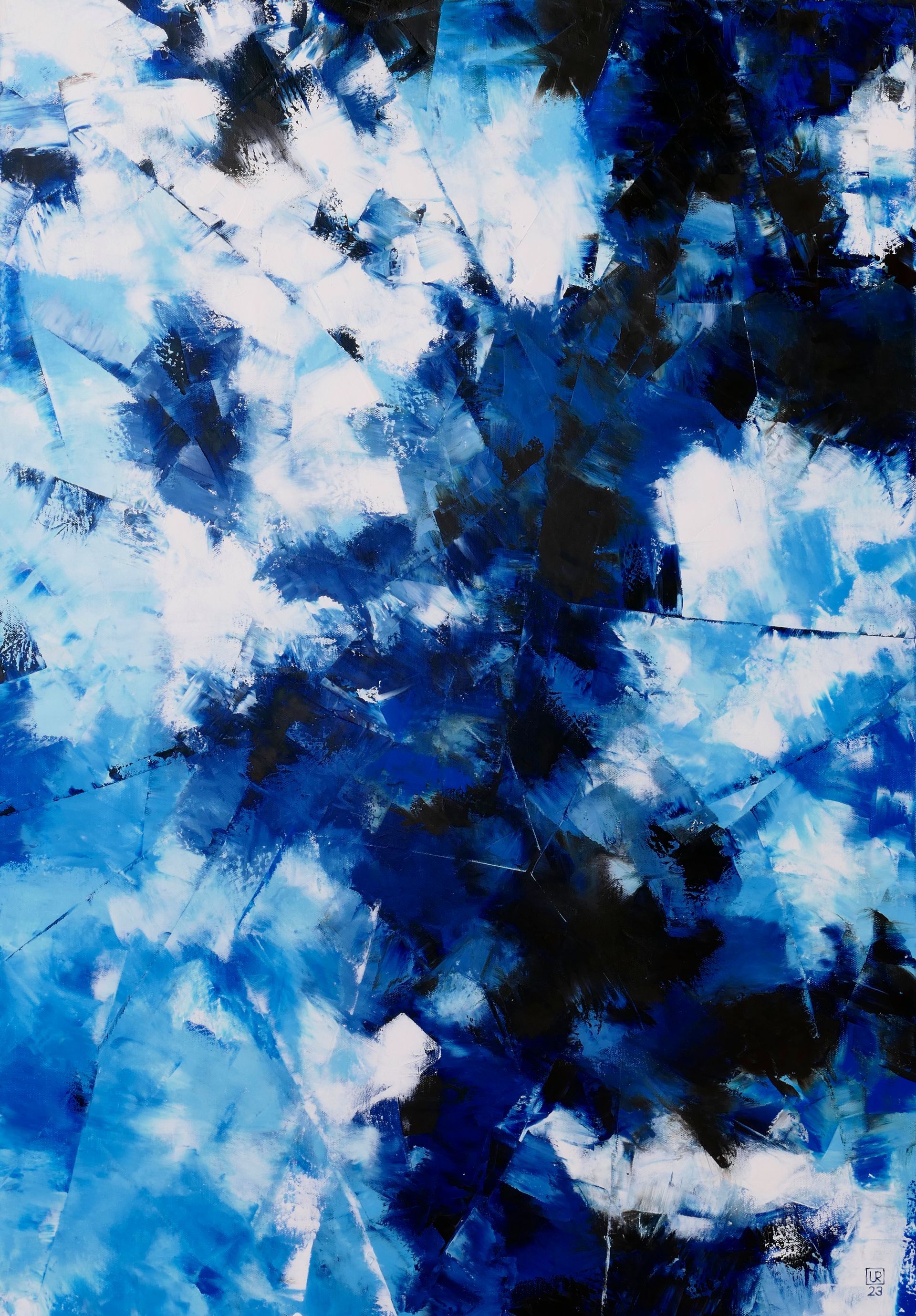 abstraktes gemaelde in spachteltechnik, oel auf leinwand, in preussischblau und weiss wie farbexplosion wie splitter scherben mit duennen linien von udo rohlfs 2023