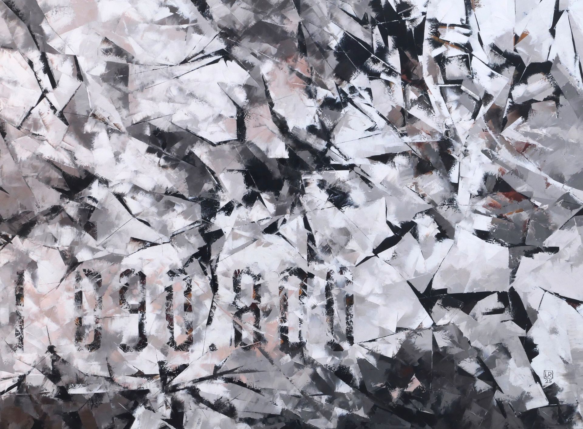 gemaelde in spachteltechnik, oel auf leinwand, silberne, graue, weiße und schwarze splitter hinter fragmentierten zahlen aus splittern , von udo rohlfs 2025