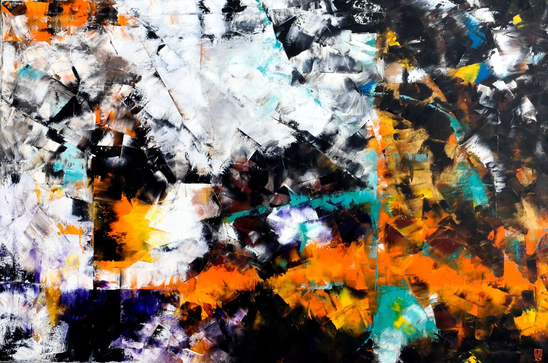 abstraktes gemaelde in spachteltechnik, oel auf leinwand, in orange, weiss, schwarz und dunkelviolett, wie farbwolken von udo rohlfs 2024