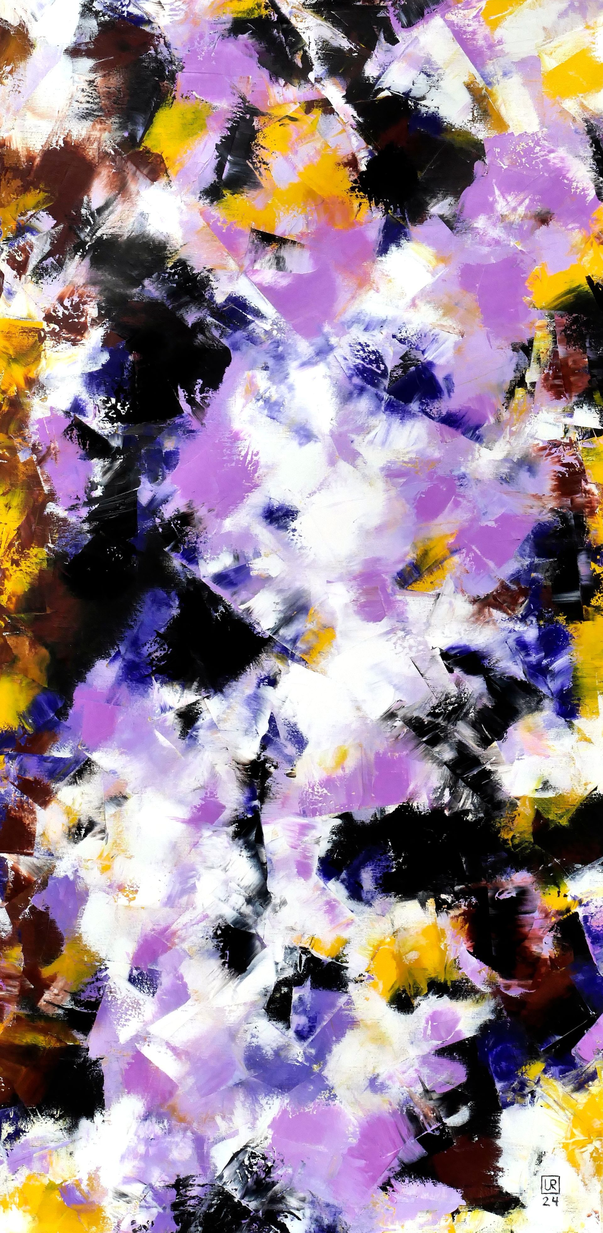 abstraktes gemaelde in spachteltechnik, oel auf leinwand, in violett, goldgelb, weiss und schwearz wie farbwolke oder splitter bzw. scherben  von udo rohlfs 2024