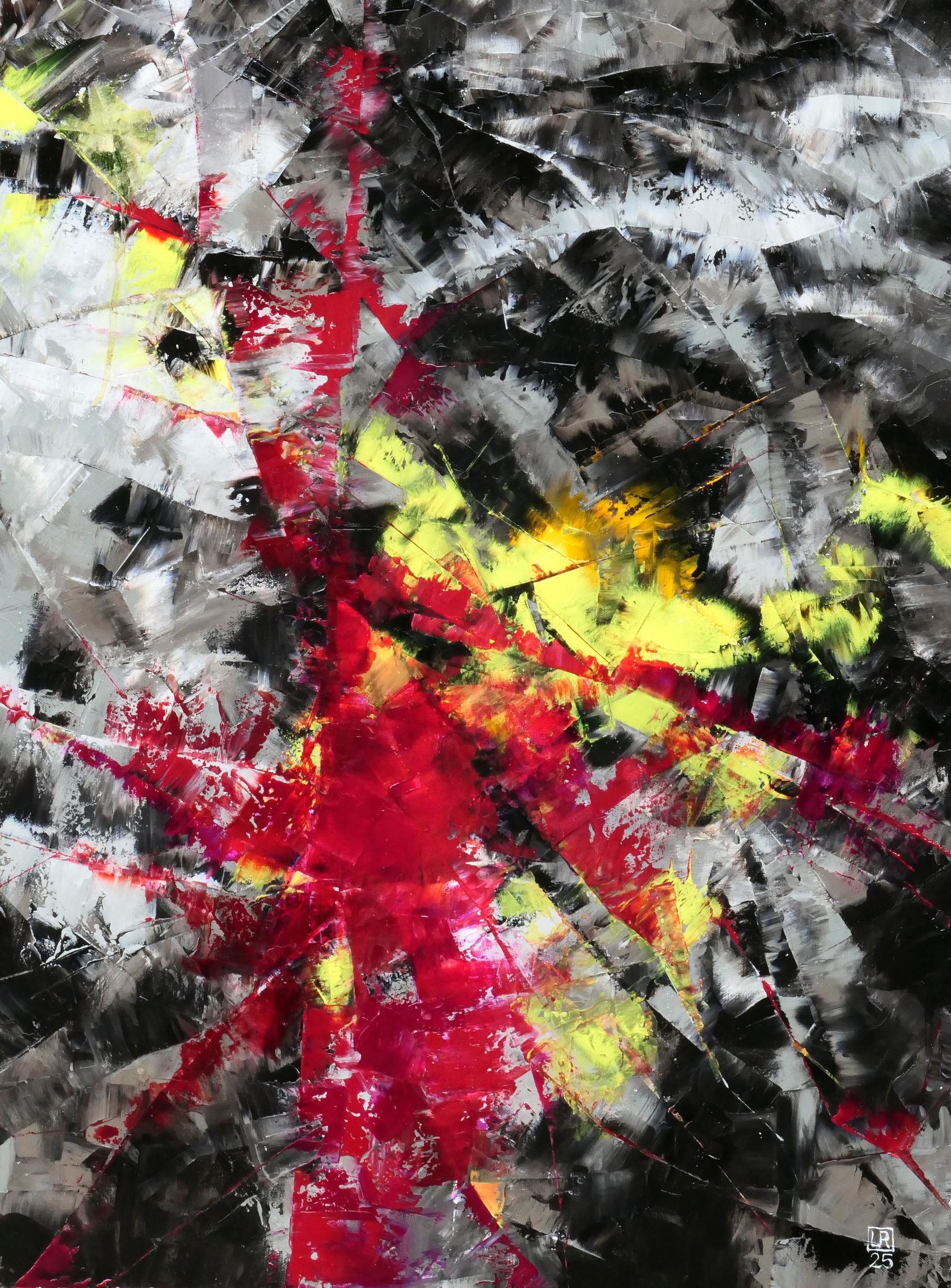 gemaelde in spachteltechnik, oel auf leinwand, rote und gelbe splitter, wie explosion, grau-weisser hintergrund, von udo rohlfs 2025