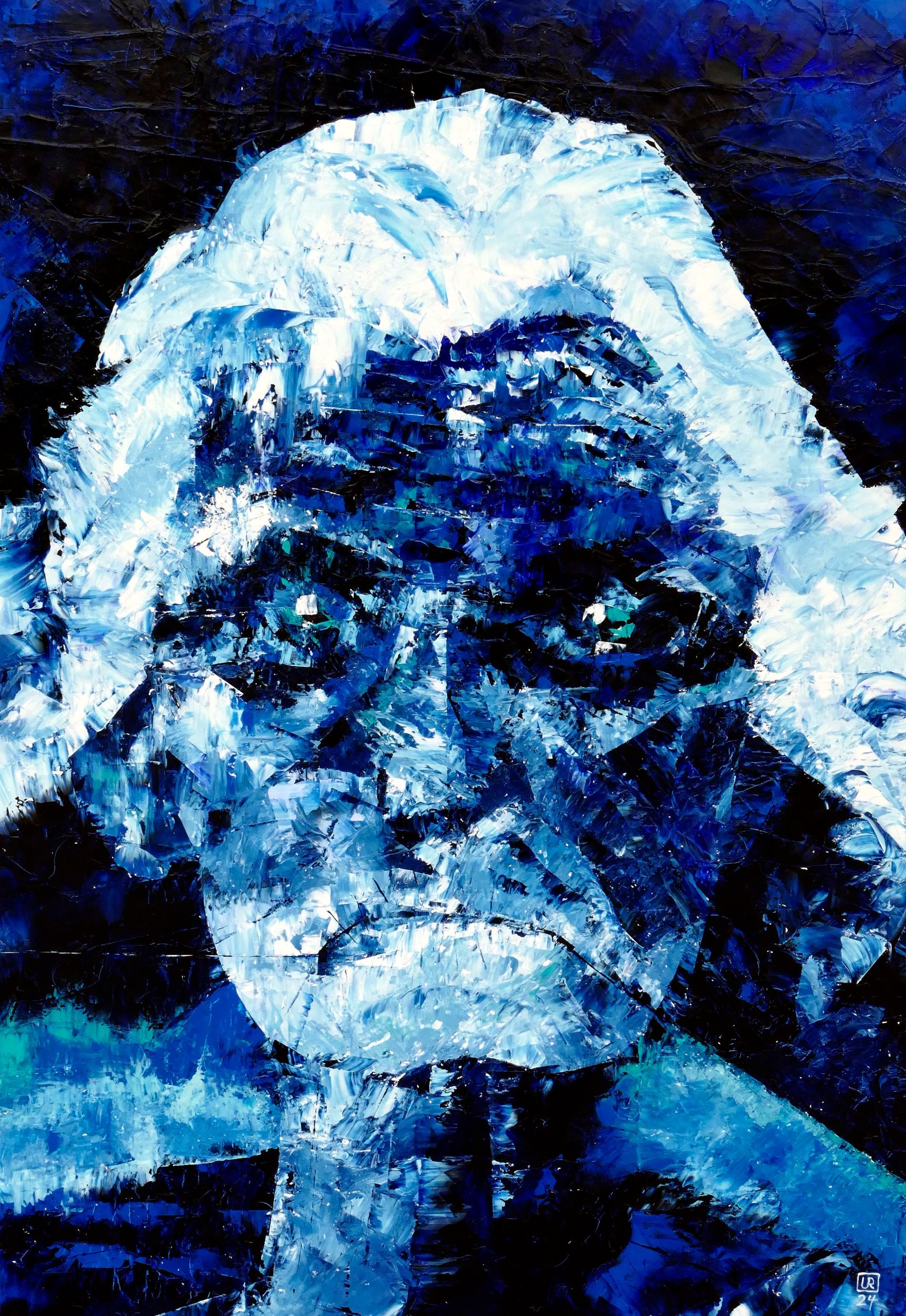 Atropos, die Unabwendbare, dritte der Moiren, die den Faden durchbeißt, abstrahiertes gemaelde in spachteltechnik, oel auf leinwand, monochrom in blau und weiss, von udo rohlfs 2024