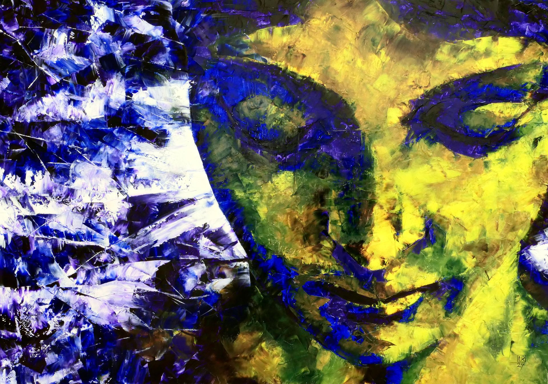 portraet eines melancholischen gesichtes einer frau, mit gesenktem Blick, im hintergrund abstrakte formen wie zerrissene, zersplitterte gedanken,  abstrahiertes gemaelde in spachteltechnik, oel auf leinwand, gelb, violett und weiss, von udo rohlfs 2024