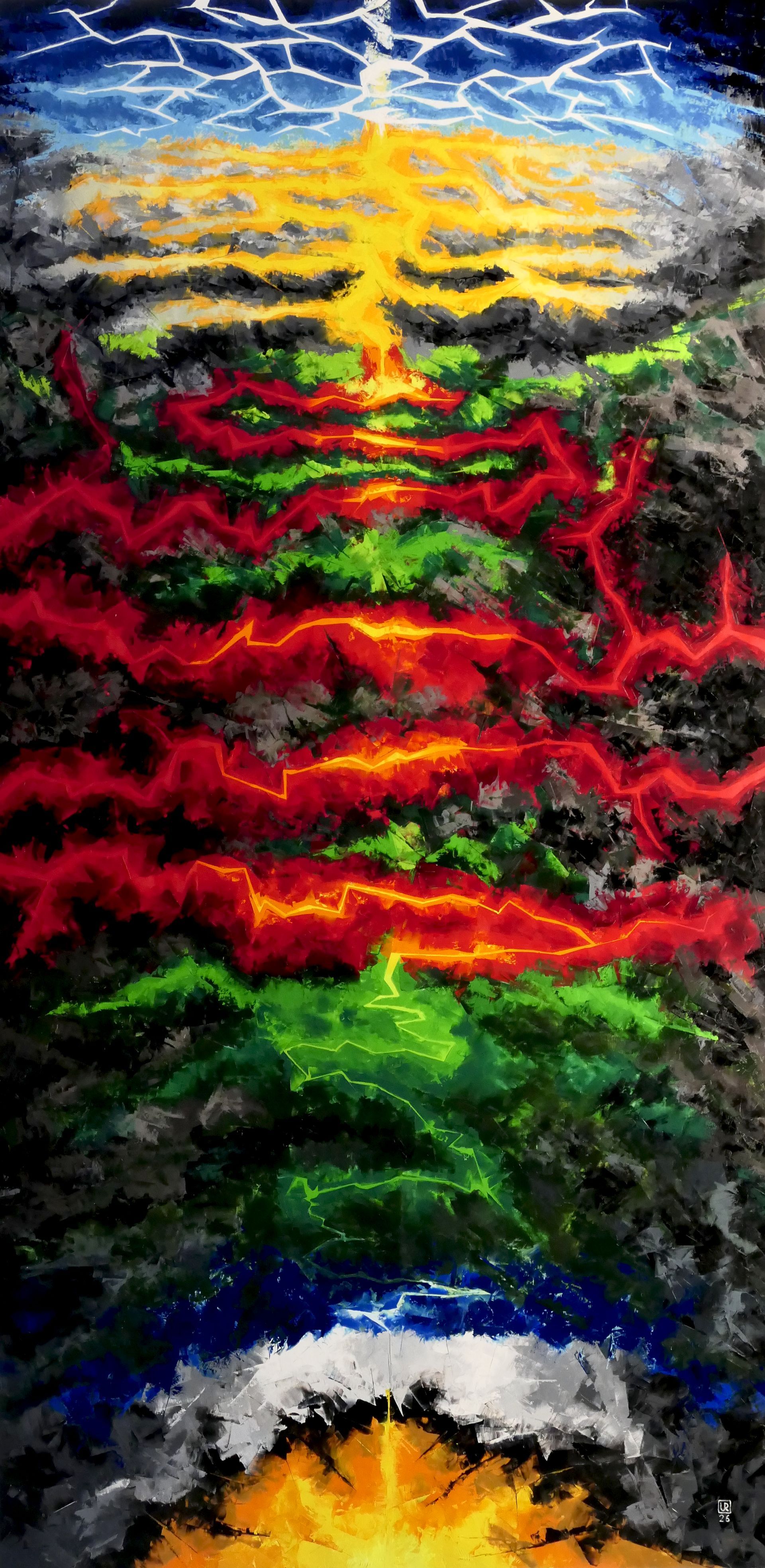 gemaelde in spachteltechnik, oel auf leinwand, roter riss von unten nach oben, phasen der demokrati von idee in antike über vergessen im  mittelalter zu schmieden bzw. 