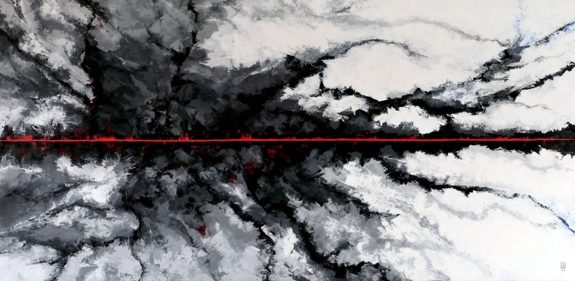 gemaelde in spachteltechnik, oel auf leinwand, rote horizontale mittellinie, graue abstrakte form darüber und darunter, nach rechts strebend, hintergrund weiss, von udo rohlfs 2026