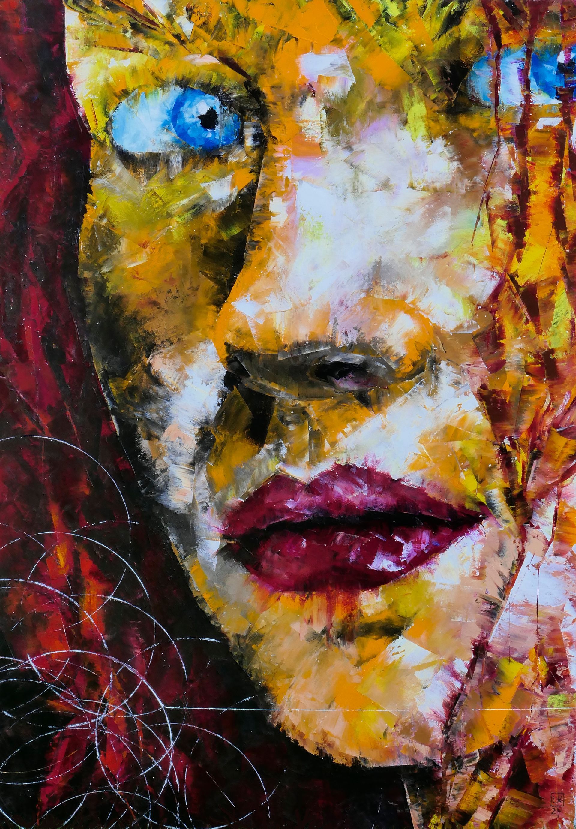 Klotho, die Spinnerin, erste der Moiren, die den Faden spinnt, abstrahiertes gemaelde in spachteltechnik, oel auf leinwand, gelb, orange, rot mit blauen Augen, weiße duenne Fadenringe, von udo rohlfs 2024