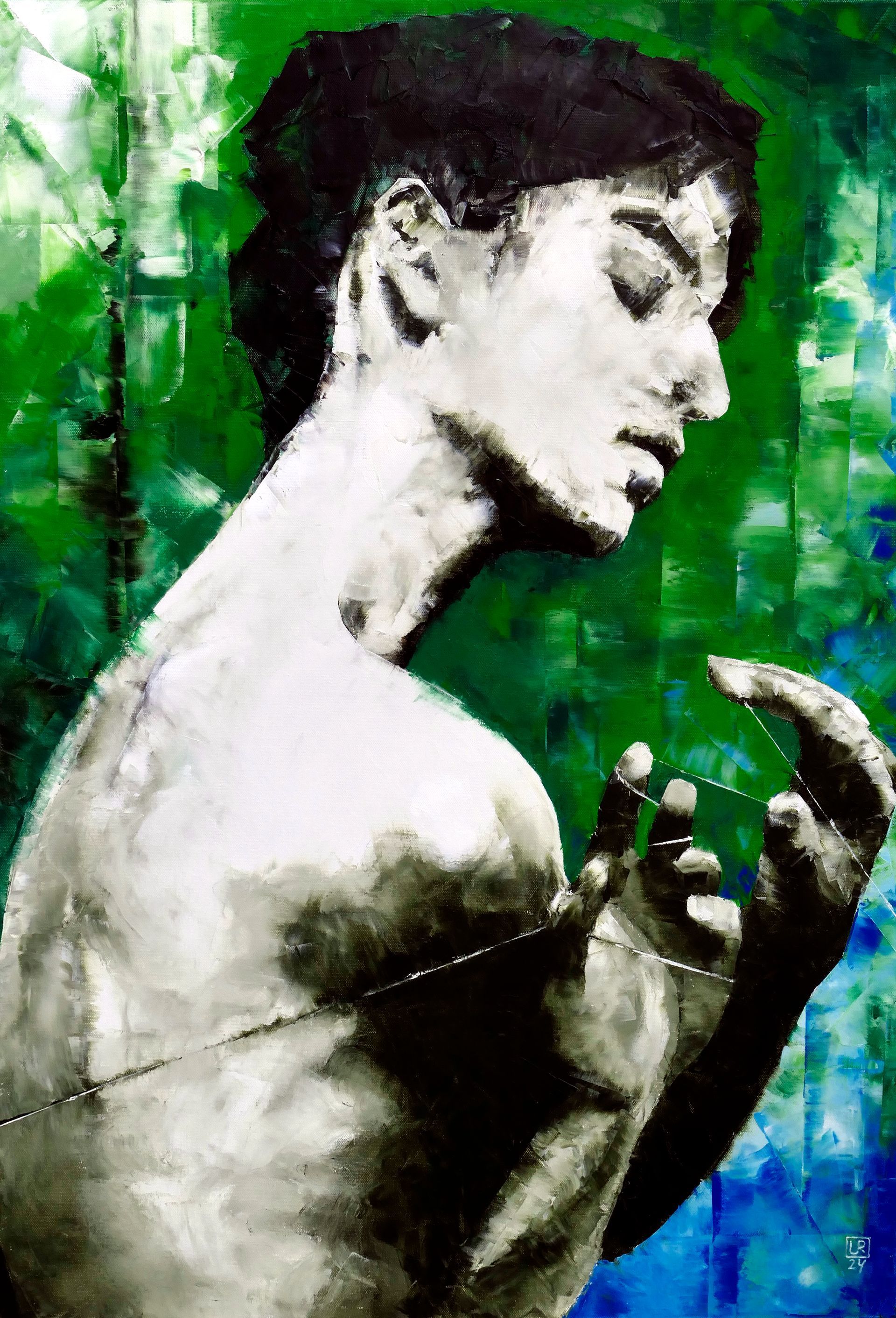 Lachesis, die Zuteilerin, zweite der Moiren, die den Faden abmisst, abstrahiertes gemaelde in spachteltechnik, oel auf leinwand, gruen, weiss, blau, nackte frau mit Faden durch haenden laufend, von udo rohlfs 2024