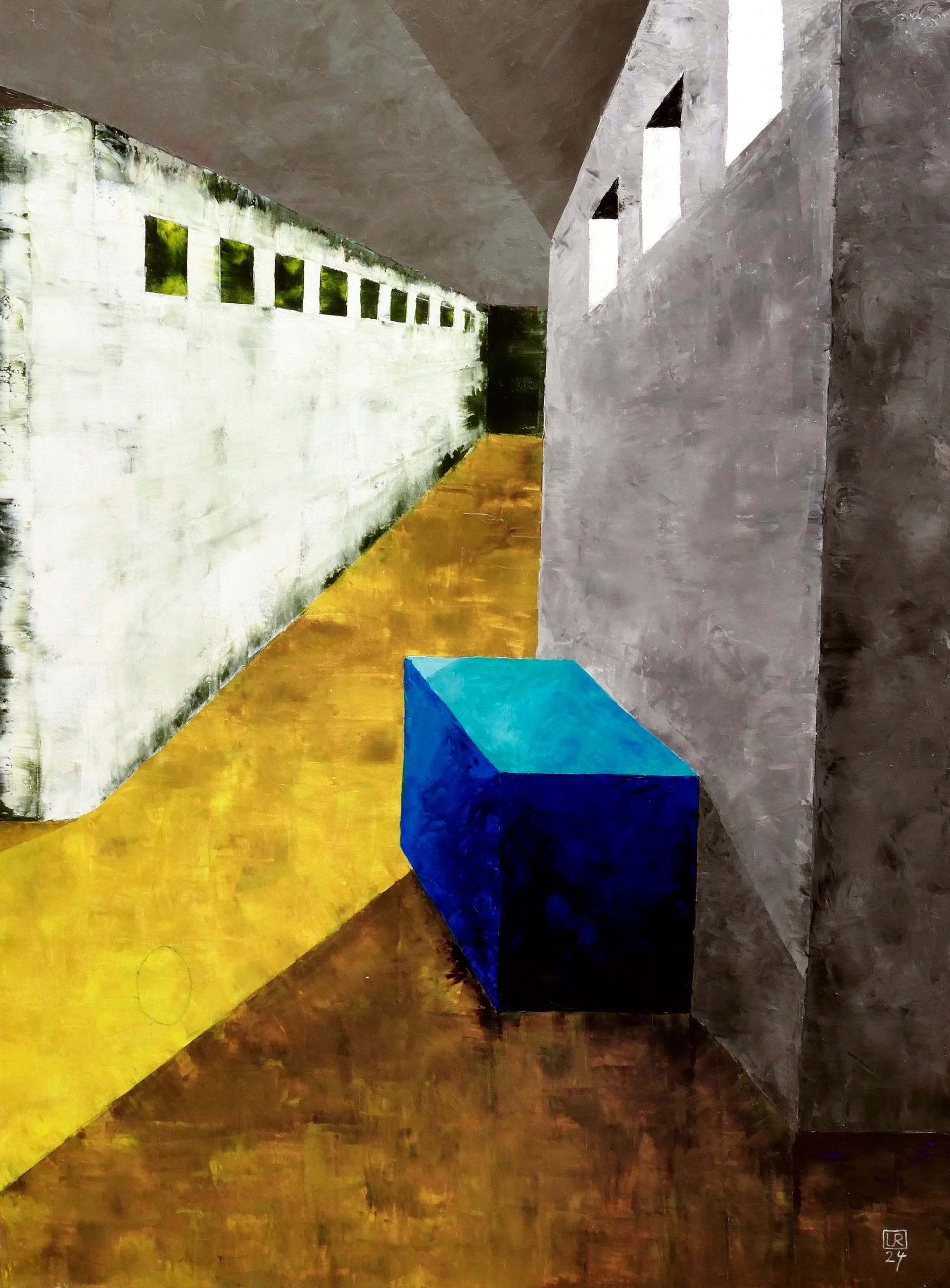 Bildzitat: Giorgio de Chirico, aber als melacholischer Innenraum ohne figurenschatten und Maedchen, gemaelde in spachteltechnik, oel auf leinwand, gruenweiße Wand, graue Wand, goldgelber Boden, graue Decke, blaue Kiste, von udo rohlfs 2024