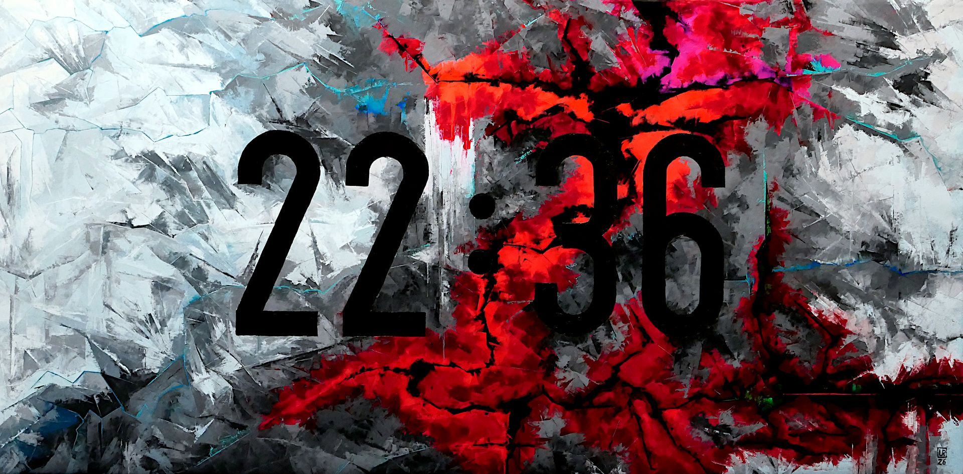 gemaelde in spachteltechnik, oel auf leinwand, roter riss, daneben graue splitter vor zentraler schwarzer uhrzeit 22:36, von udo rohlfs 2026